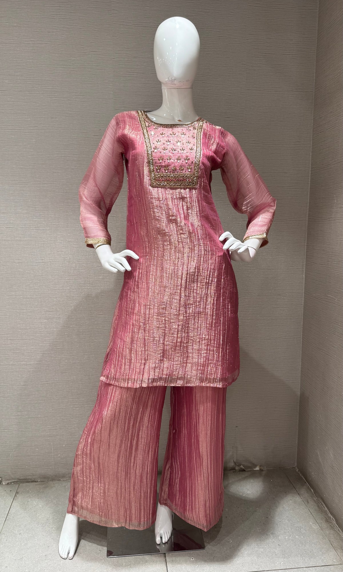 Onion Pink Tissue silk Salwar Kurta with Palazzo pants