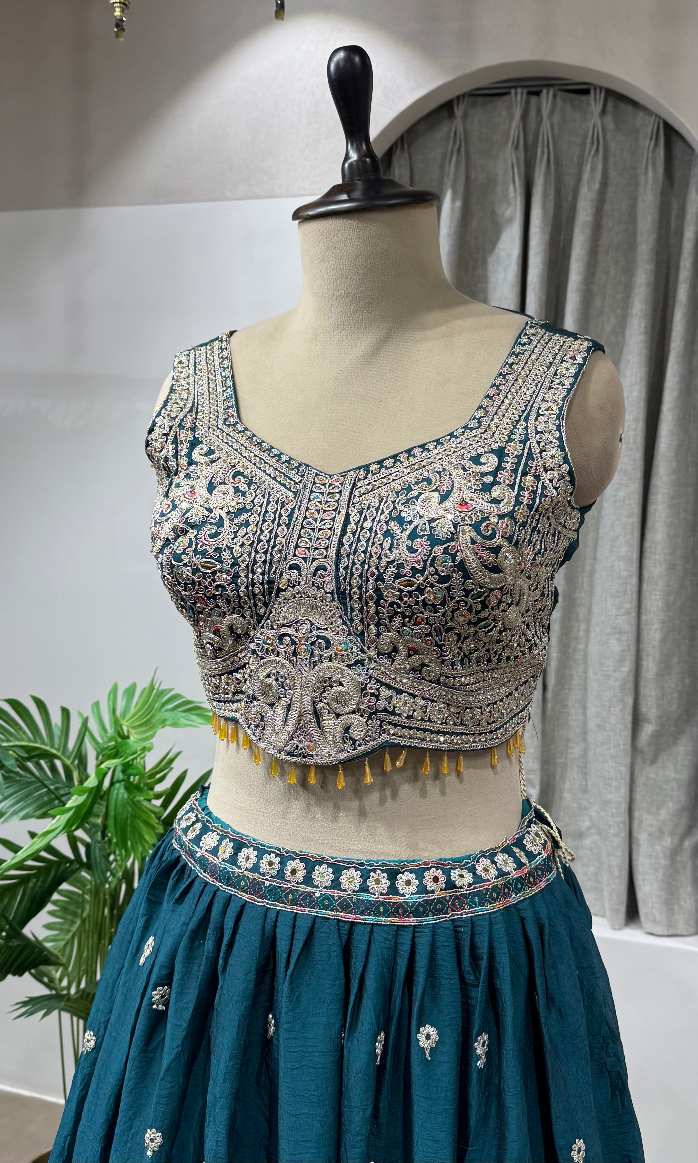Peacock Blue Silk Embroidered Lehenga Choli Set
