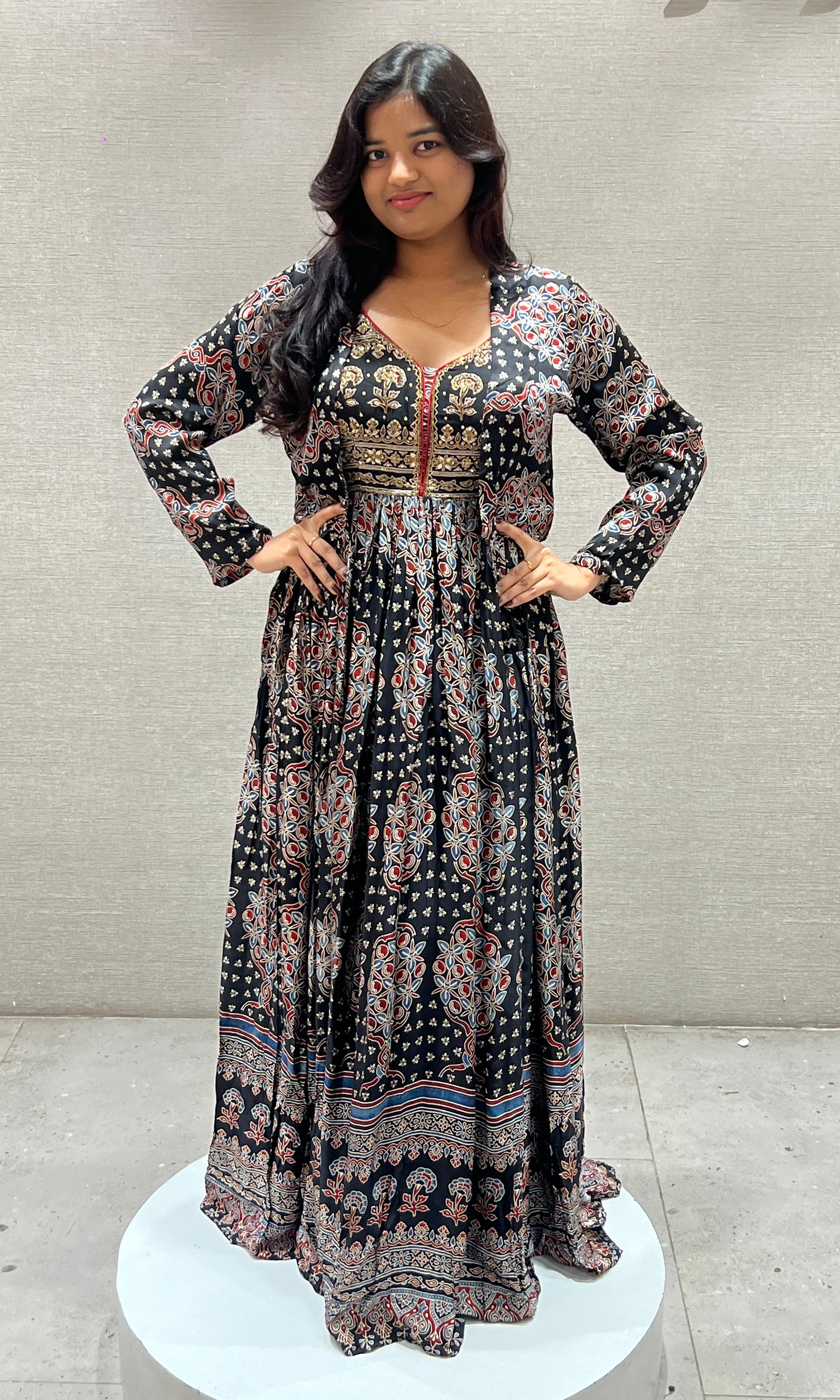 Black Floral Print Long Gown