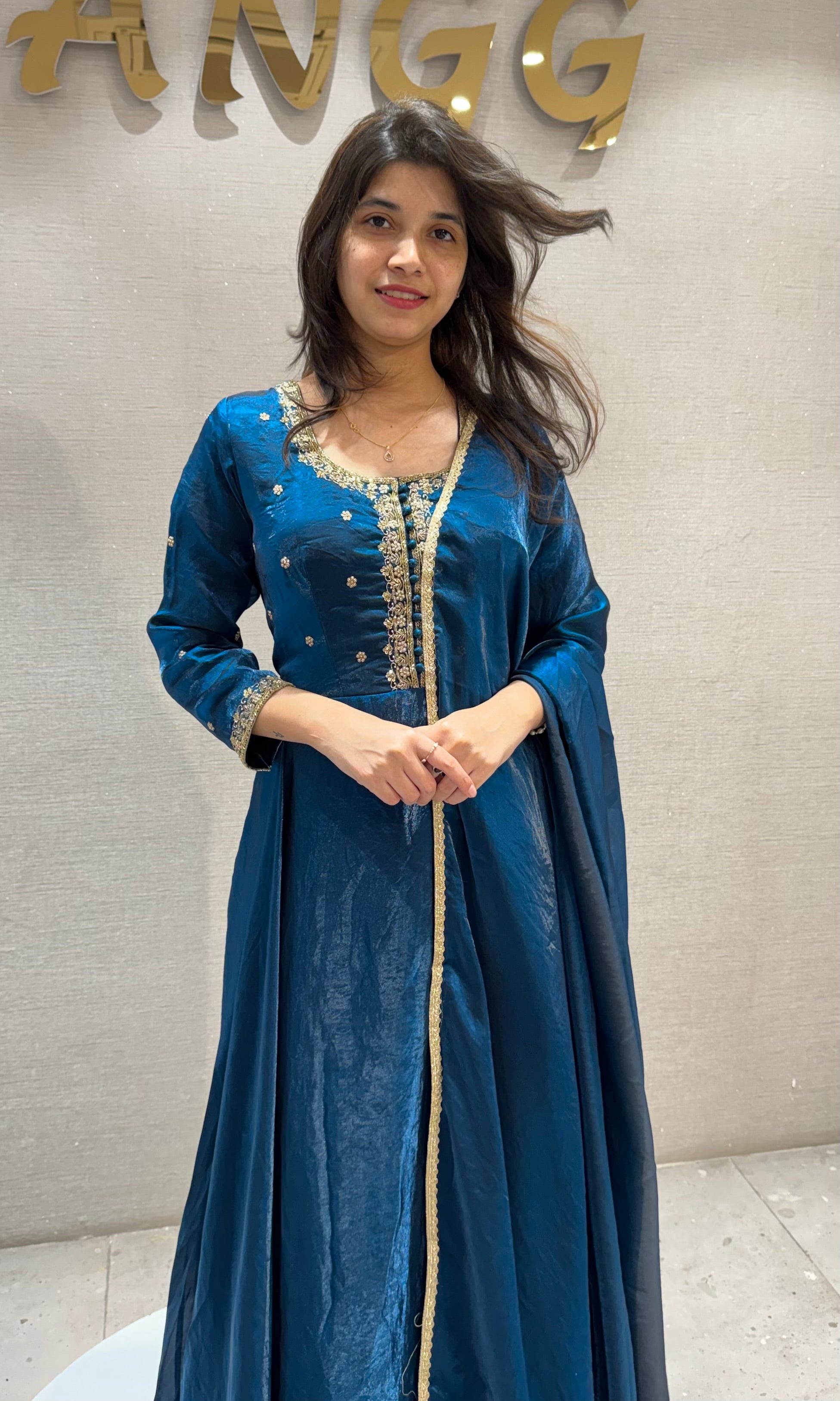 Teal Blue Embroidered Flared Anarkali Set with Dupatta