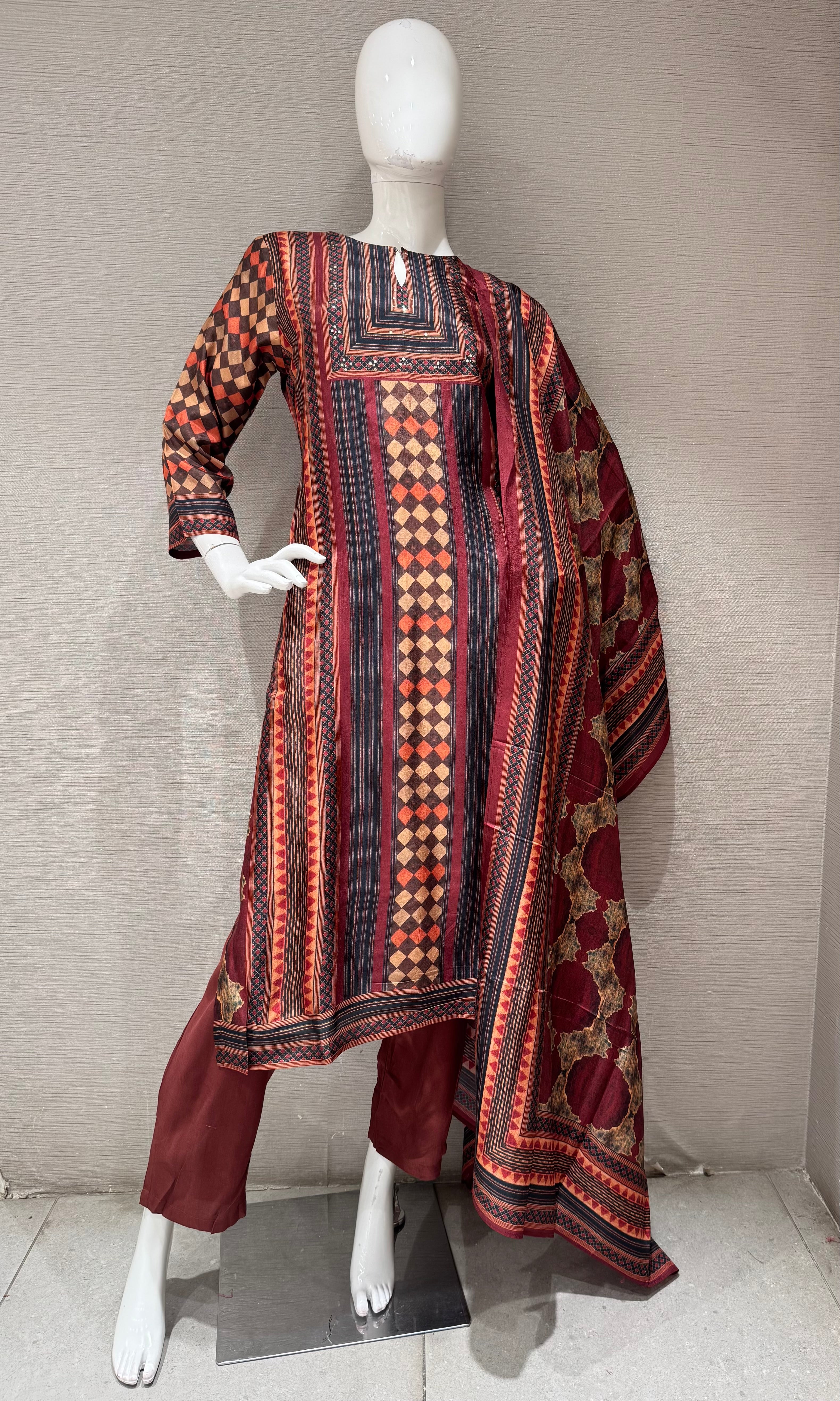 Rust Geometric Printed Kurta Set