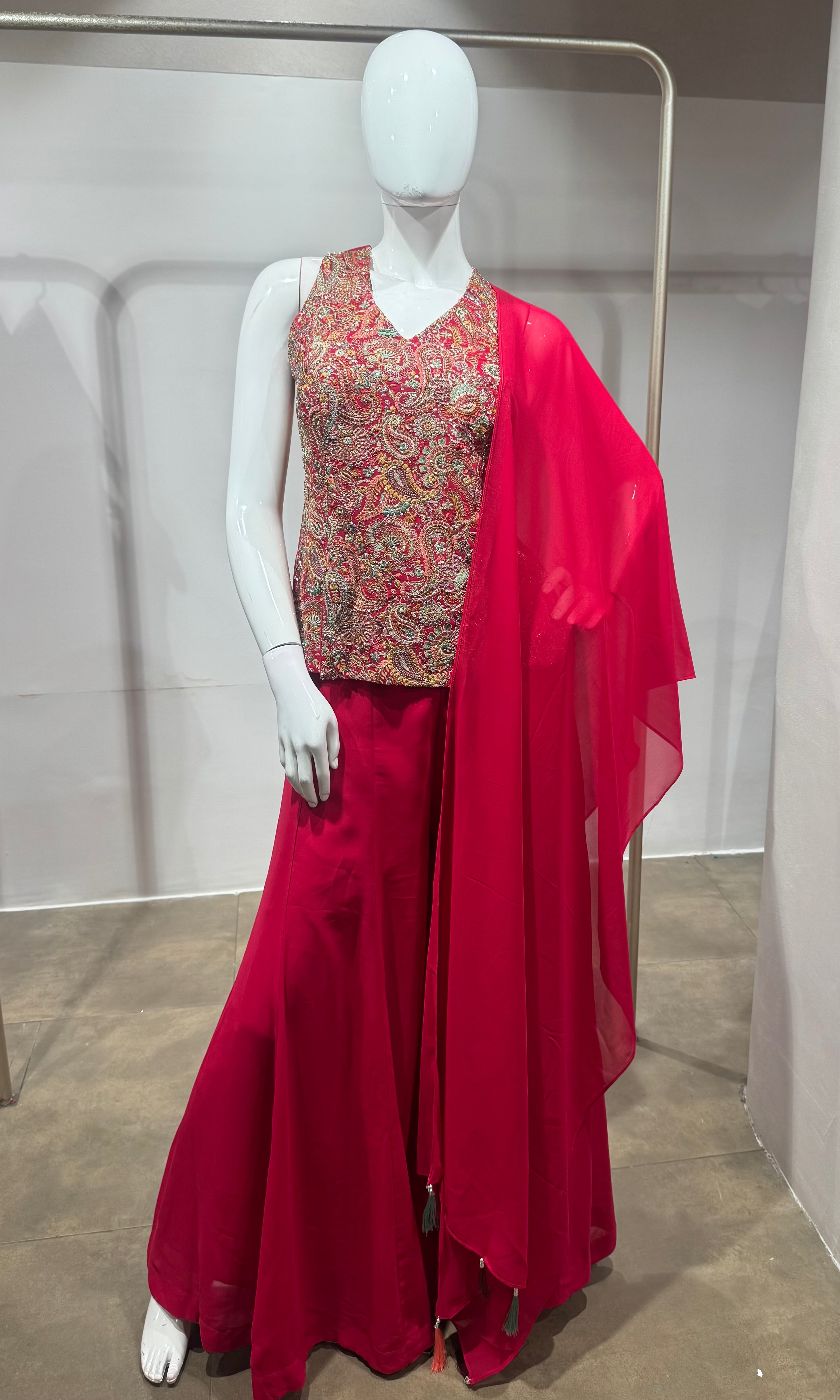 Pink Embroidered Peplum Palazzo Set