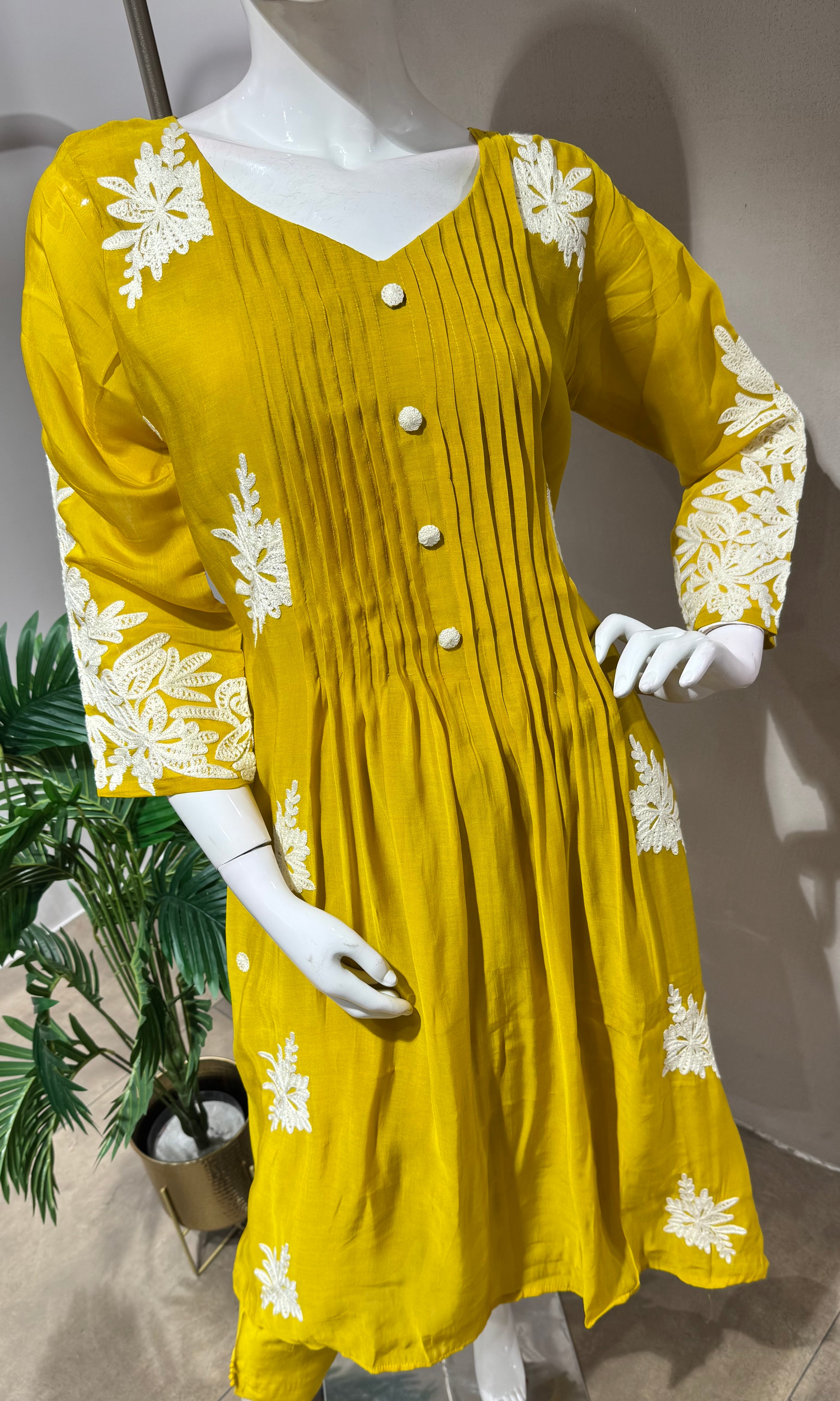 MUSTARD FLORAL MUL CHANDERI KURTA SET