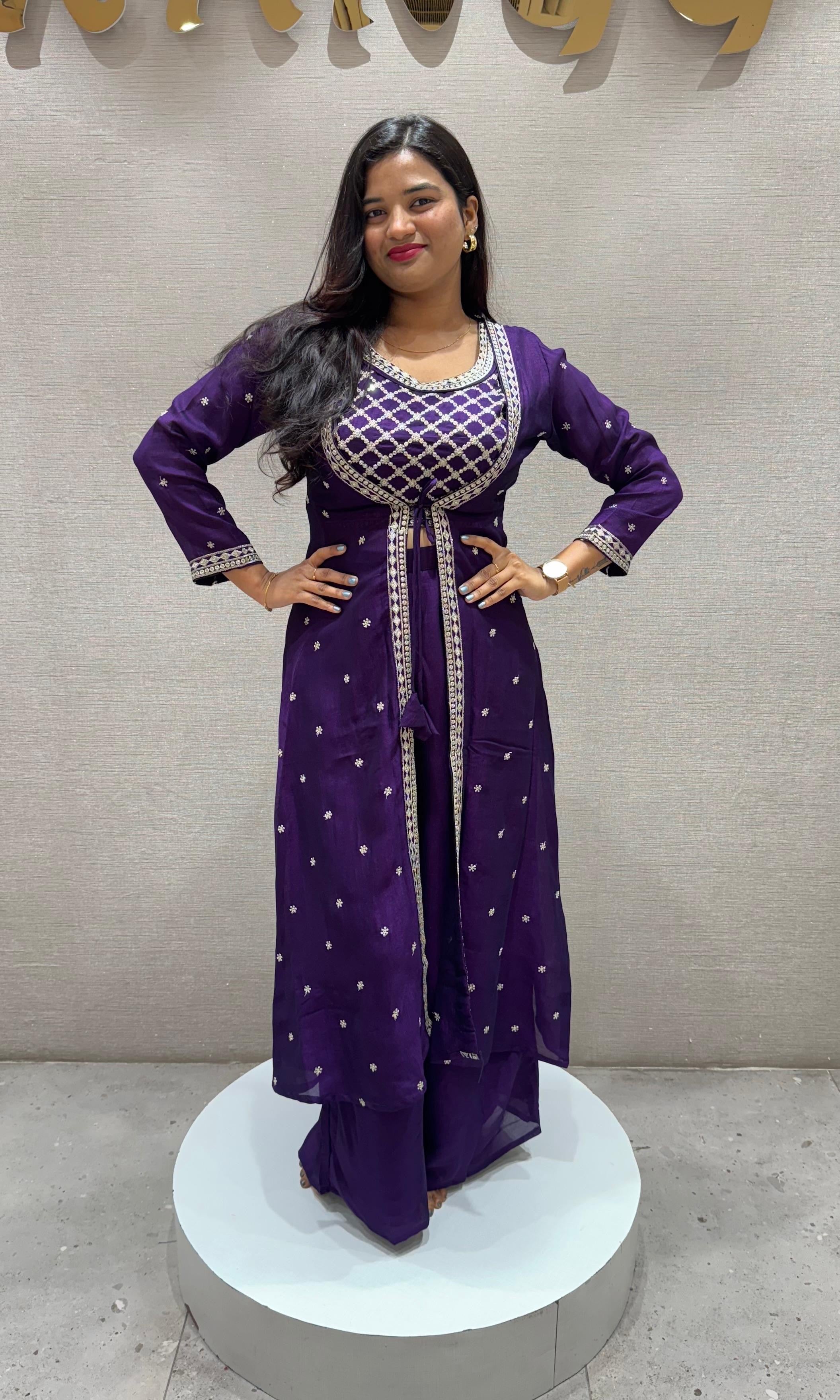 PURPLE EMBROIDERED JACKET STYLE PALAZZO