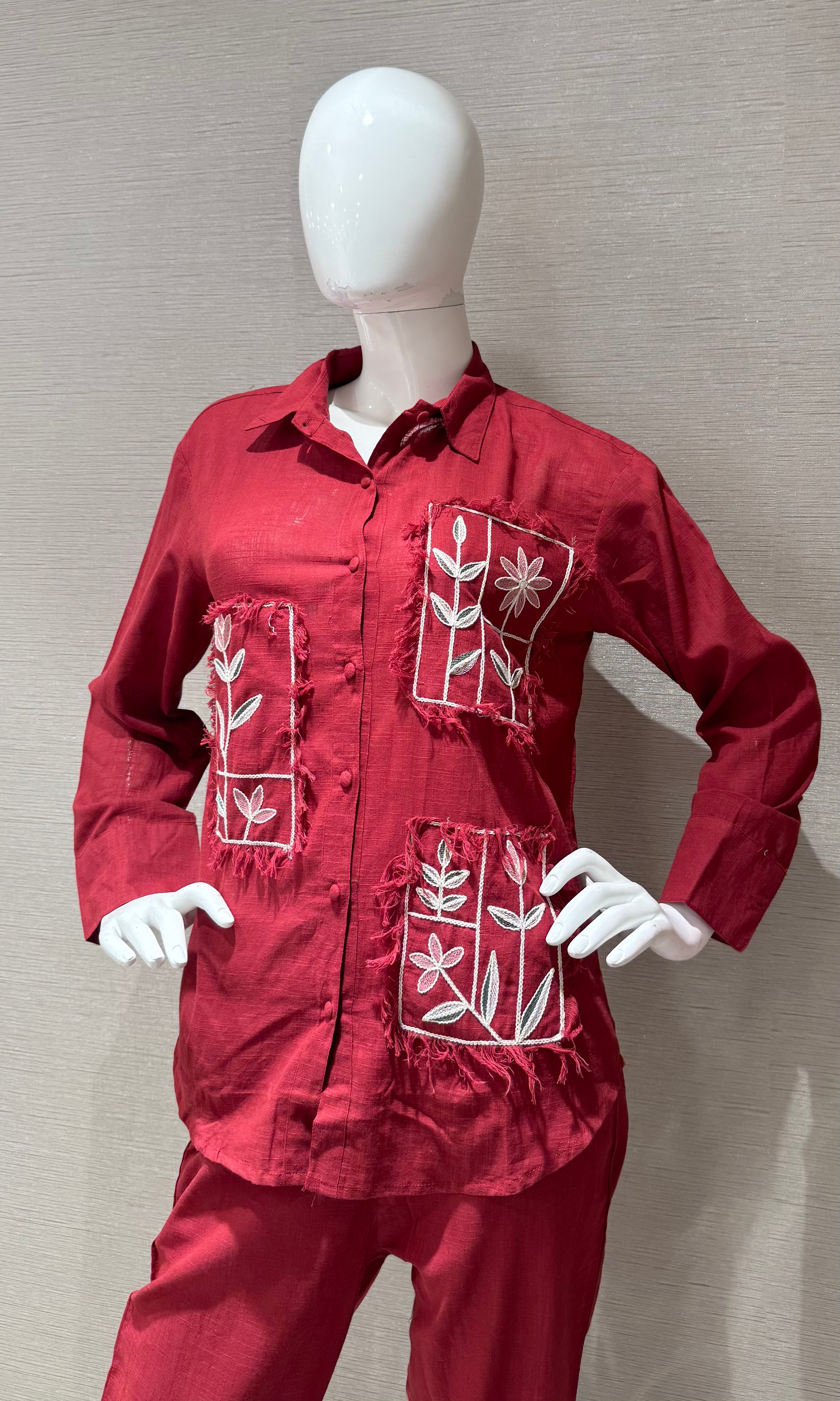 Red cotton embroidery work short cord set
