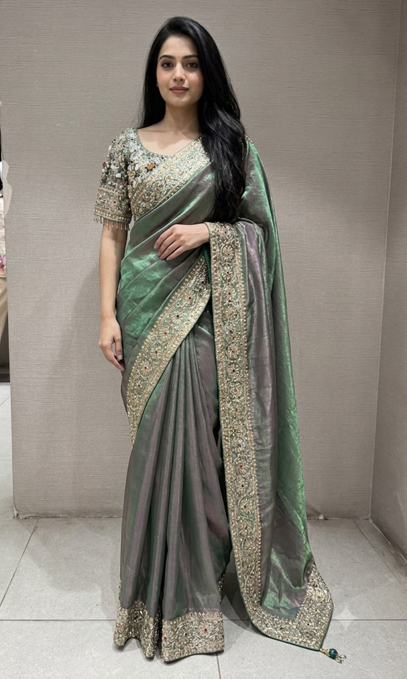 green silk blend saree with an embellished blouse