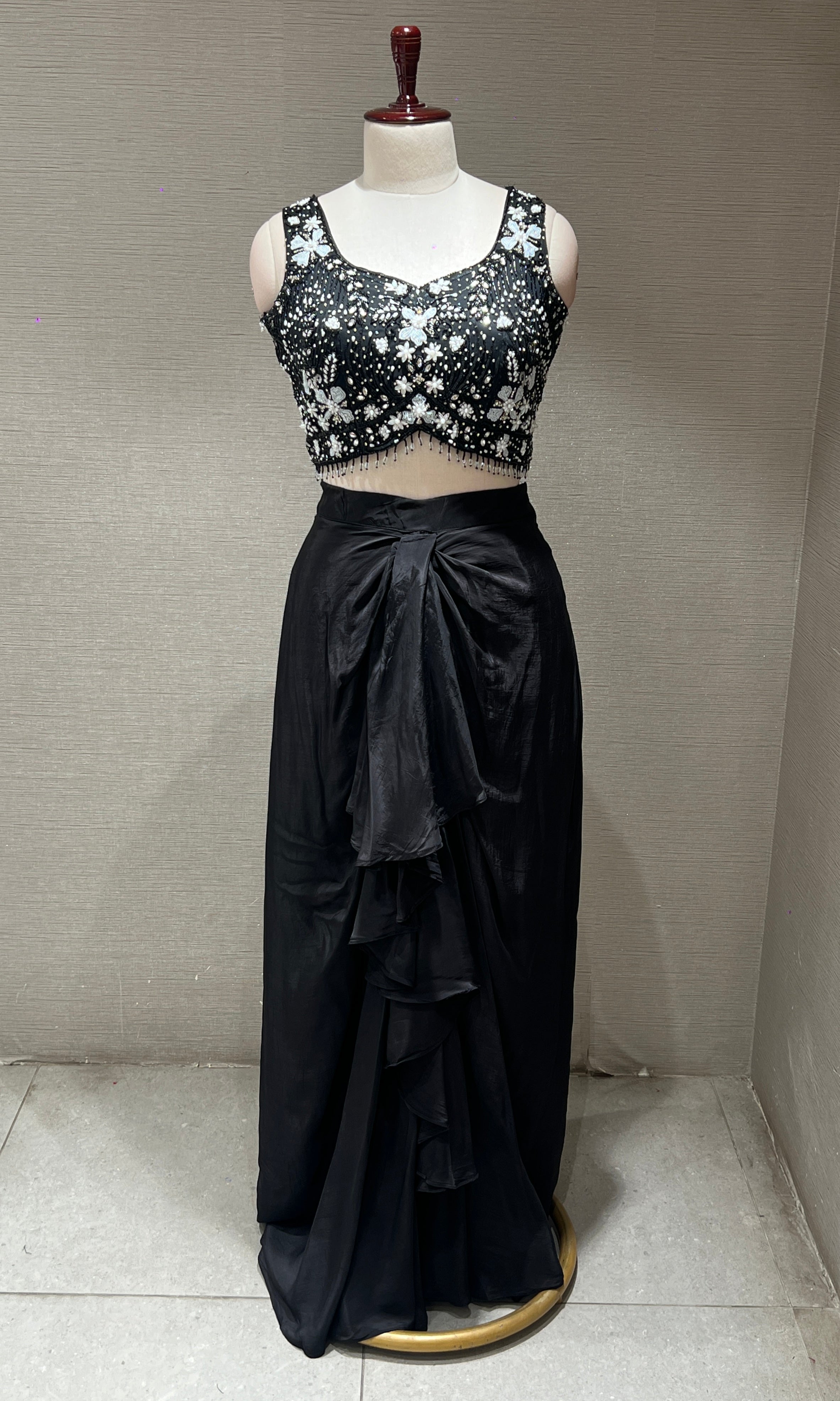 Black Crystal Sequin BLOUSE with Ruffle Drape Skirt