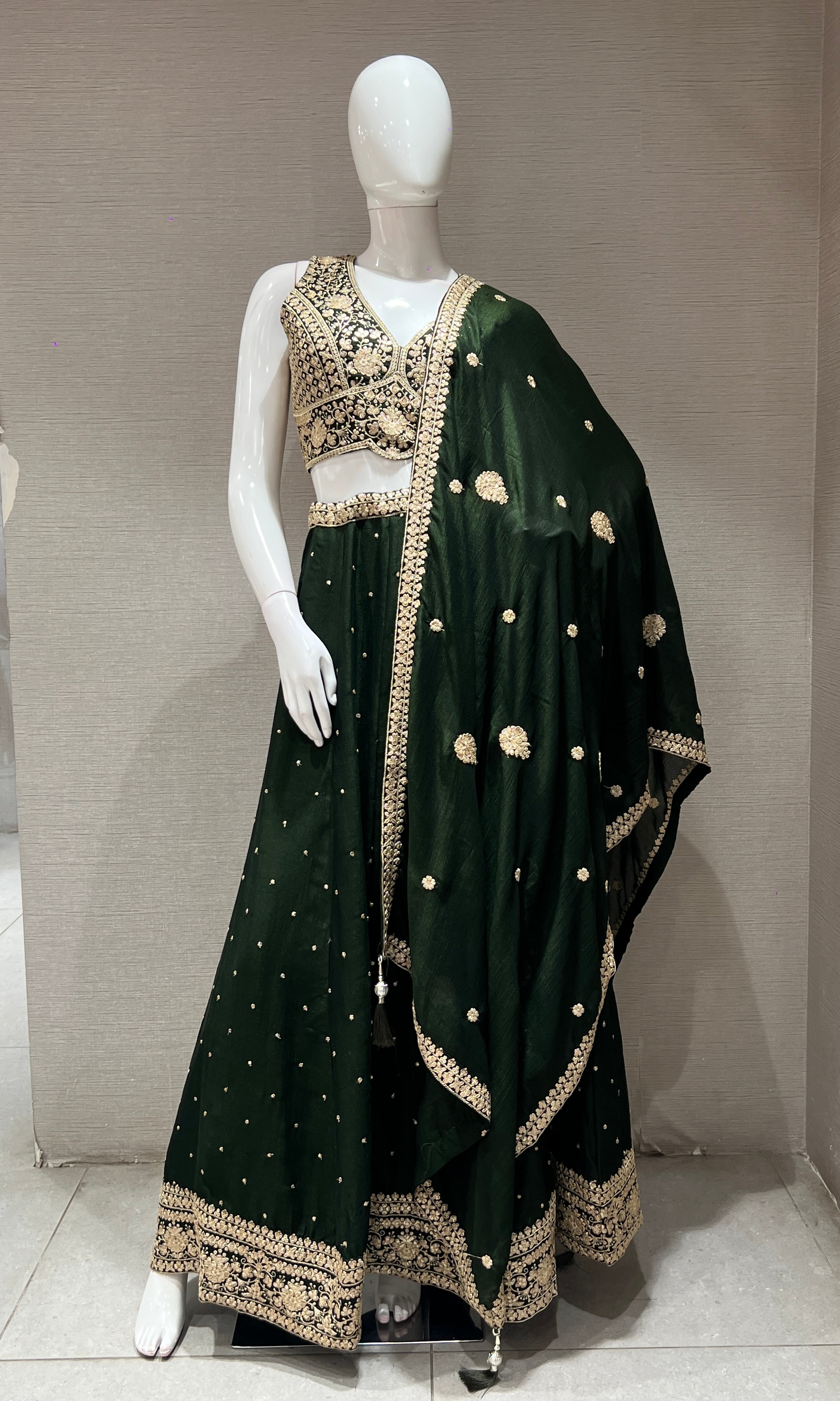 Bottle green golden embroidered lehanga