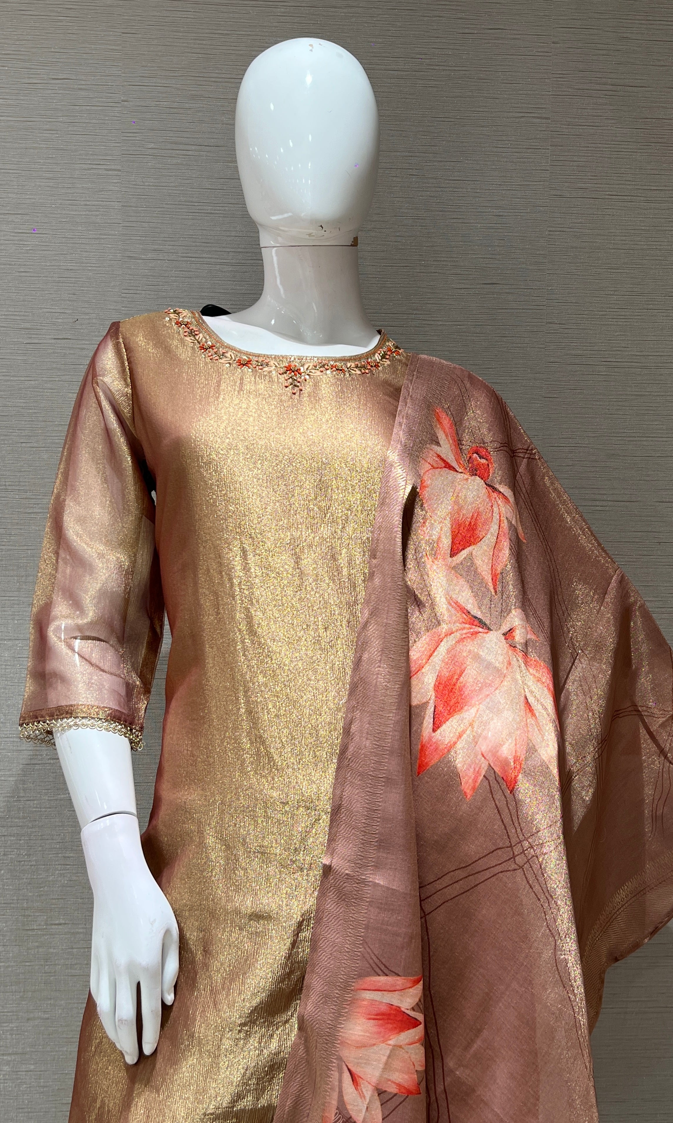 LIGHT BROWN KURTA SET WITH LOTUS PRINT DUPATTA