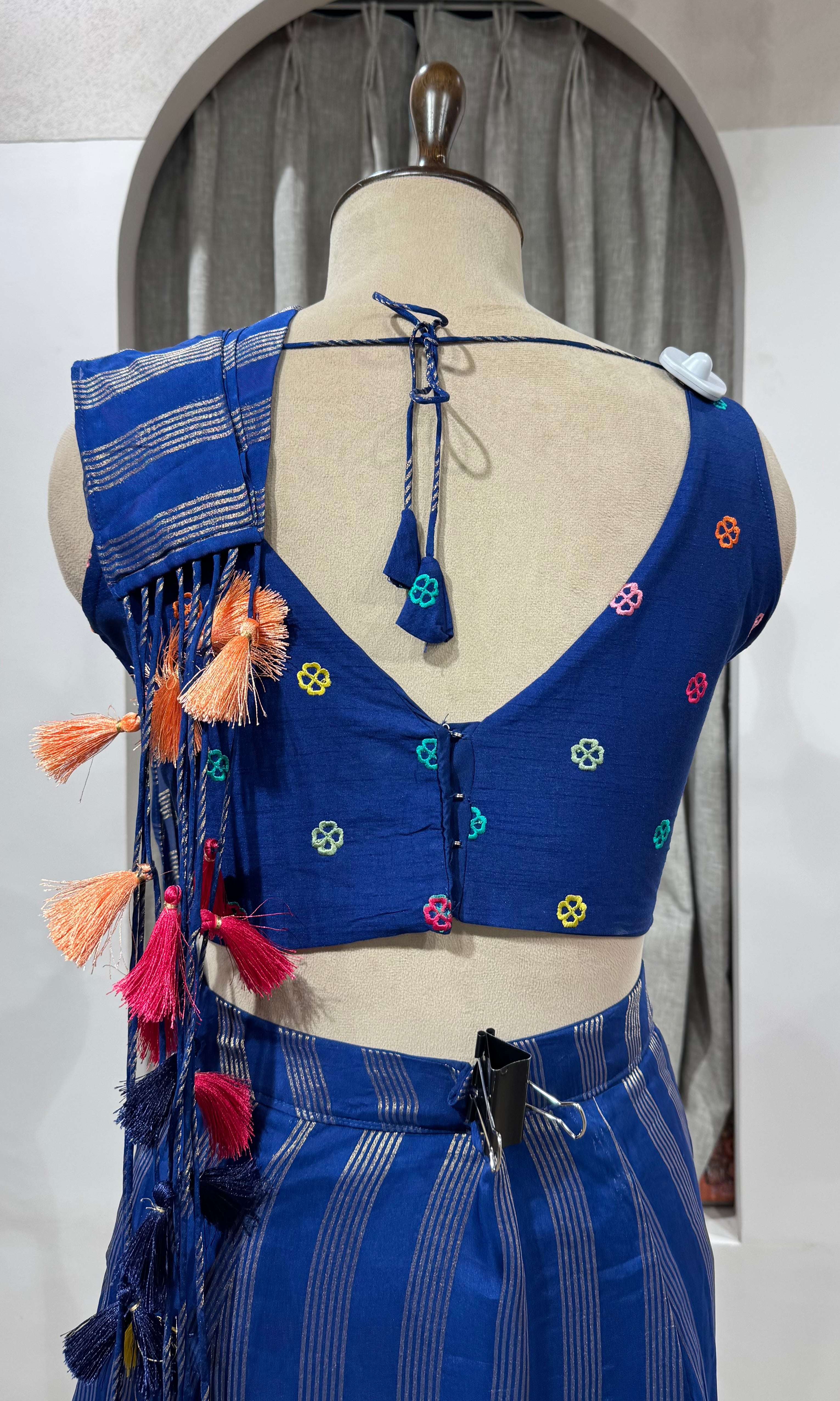 blue and silver striped Drape saree with intricate blouse