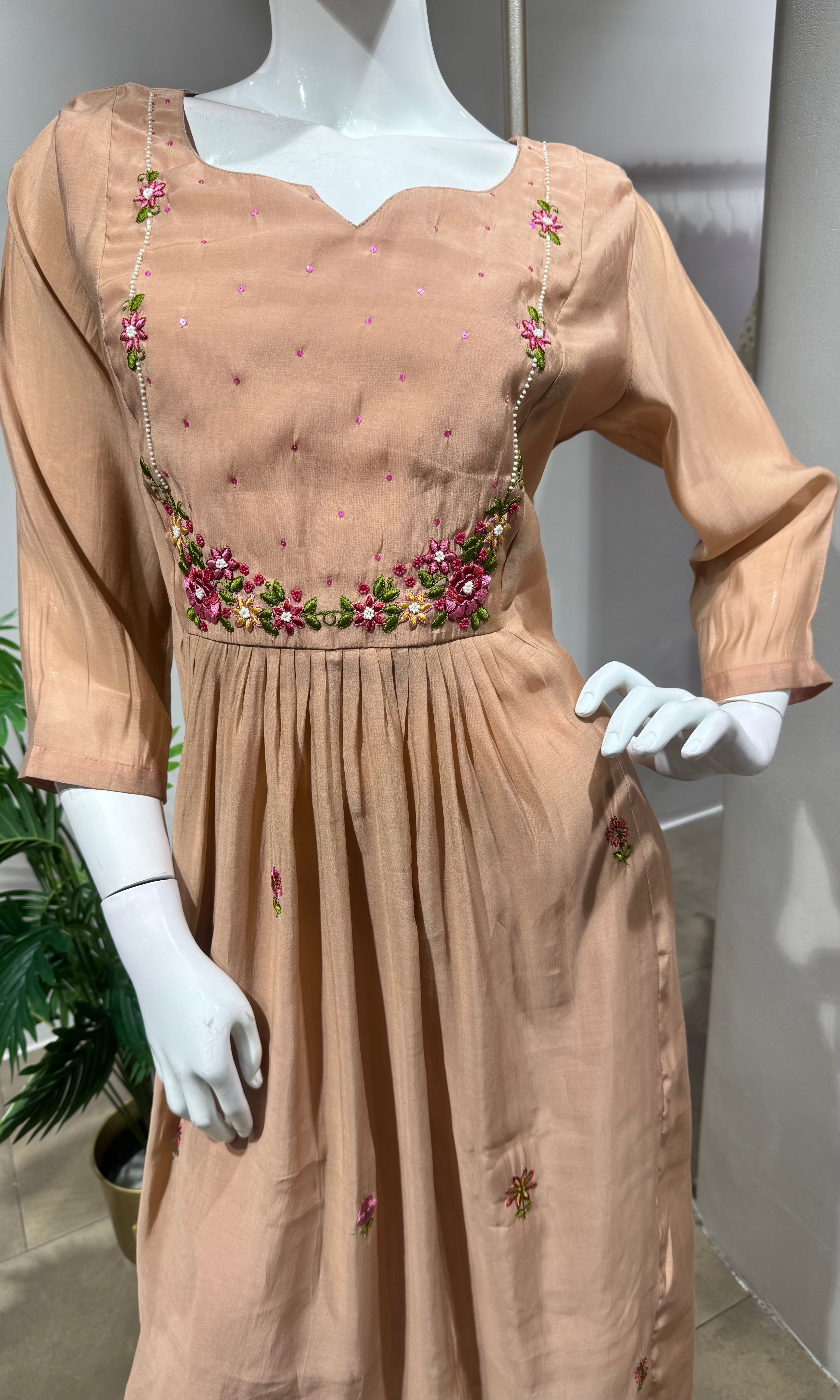 Peach Embroidered Mul Chanderi kurta set