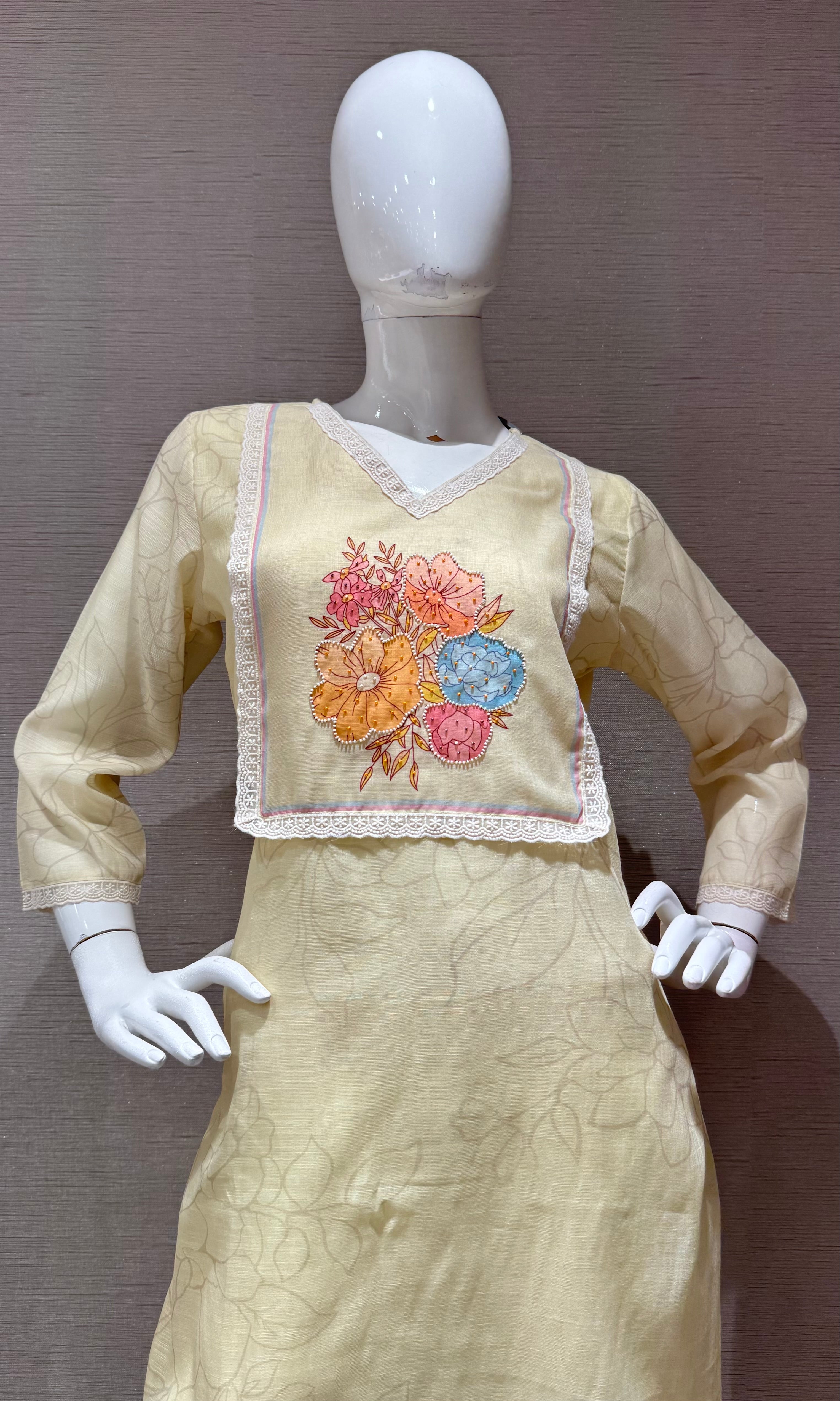 Light Yellow Straight Kurta Set with Multicolor Pastel dupatta