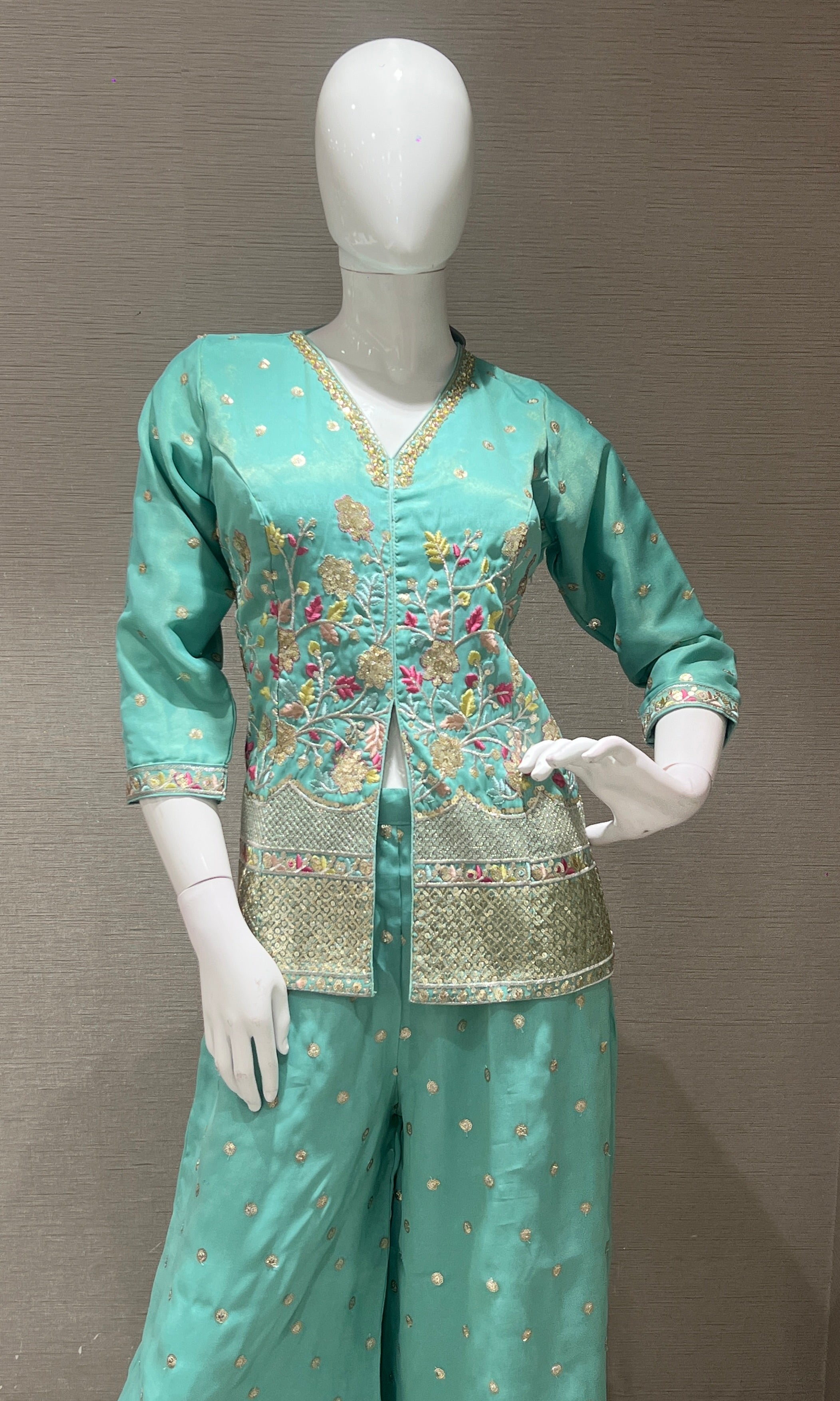 Light Blue Floral Embroidered Palazzo set