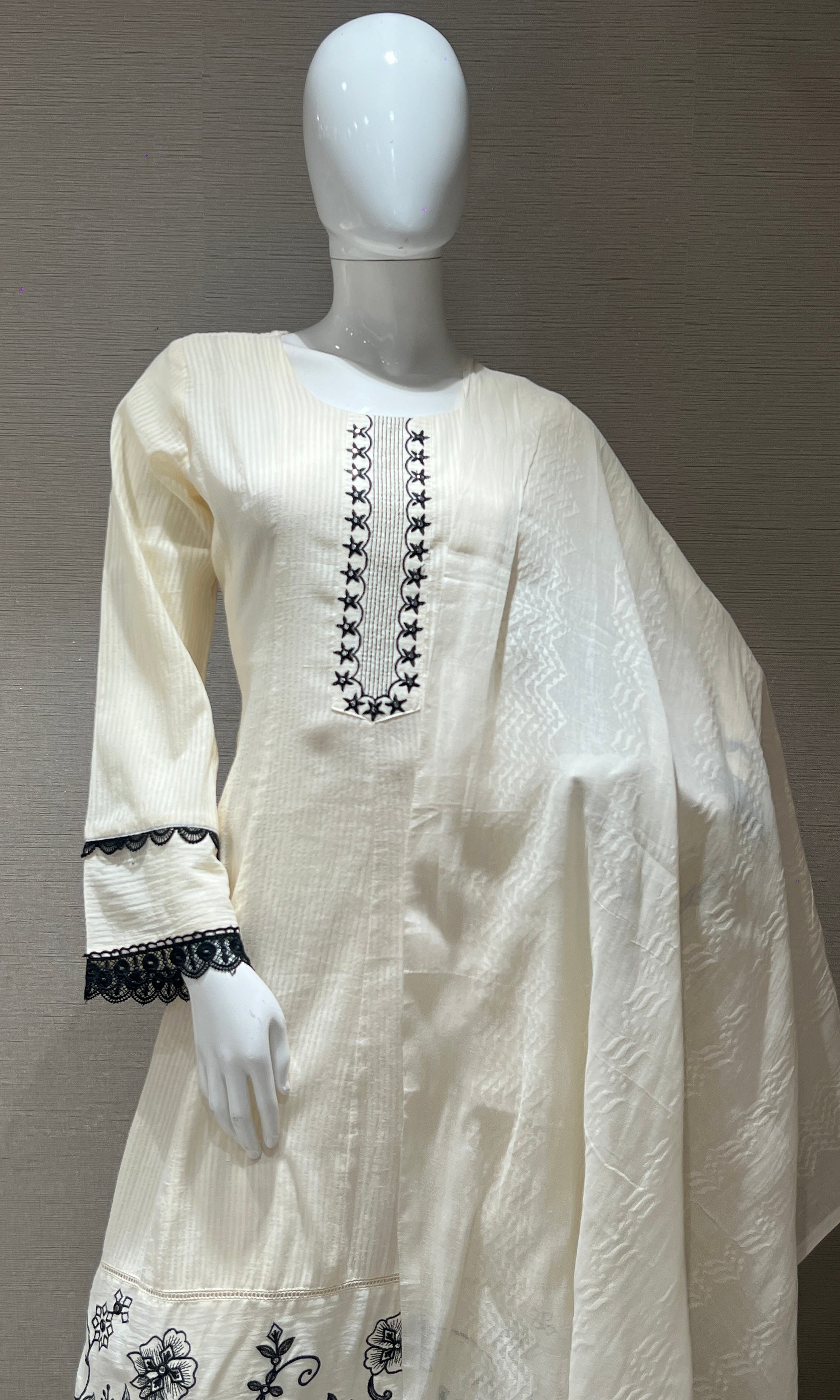 Cream and black floral embroidery Anarkali set