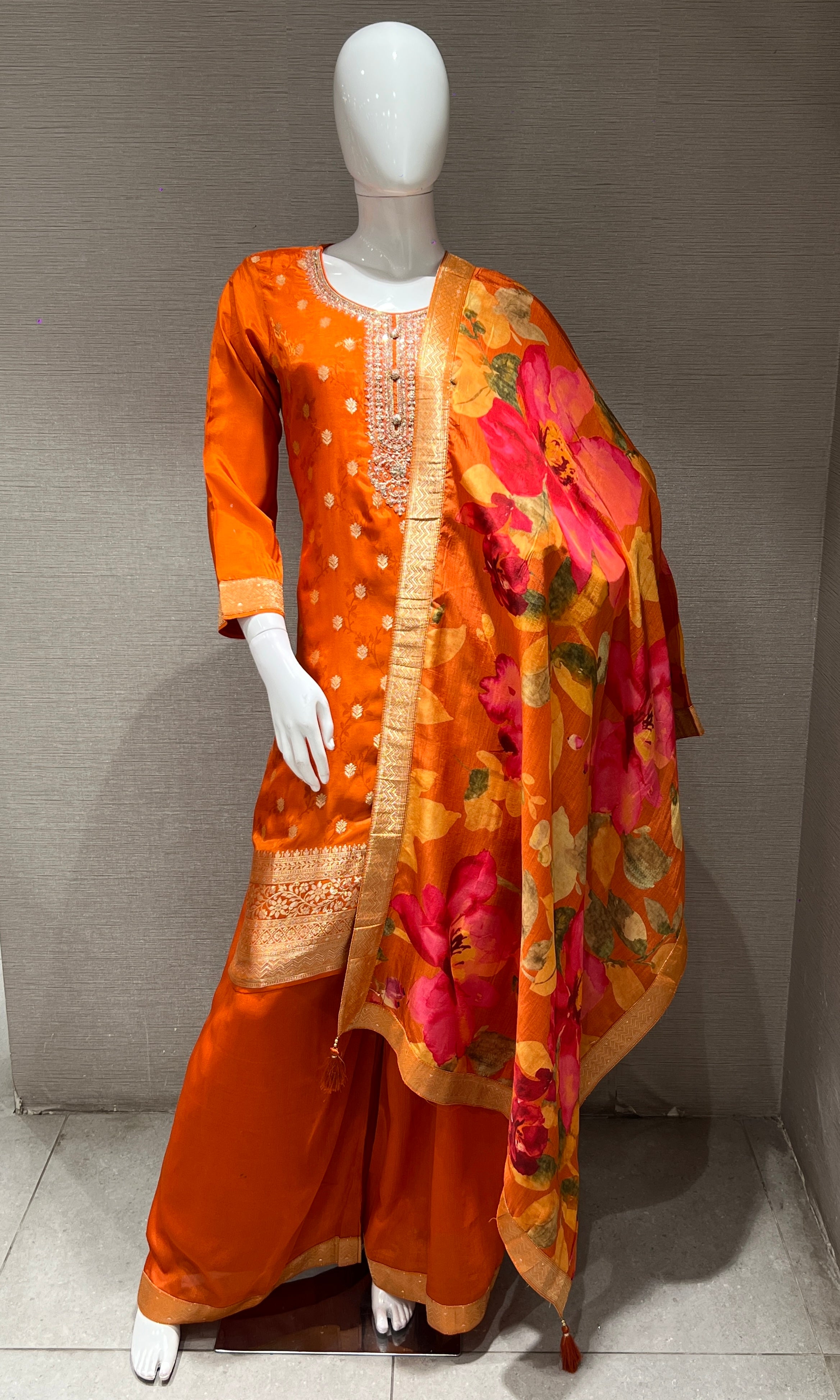 Orange EMBROIDERED kurta set WITH PALAZZO PANTS