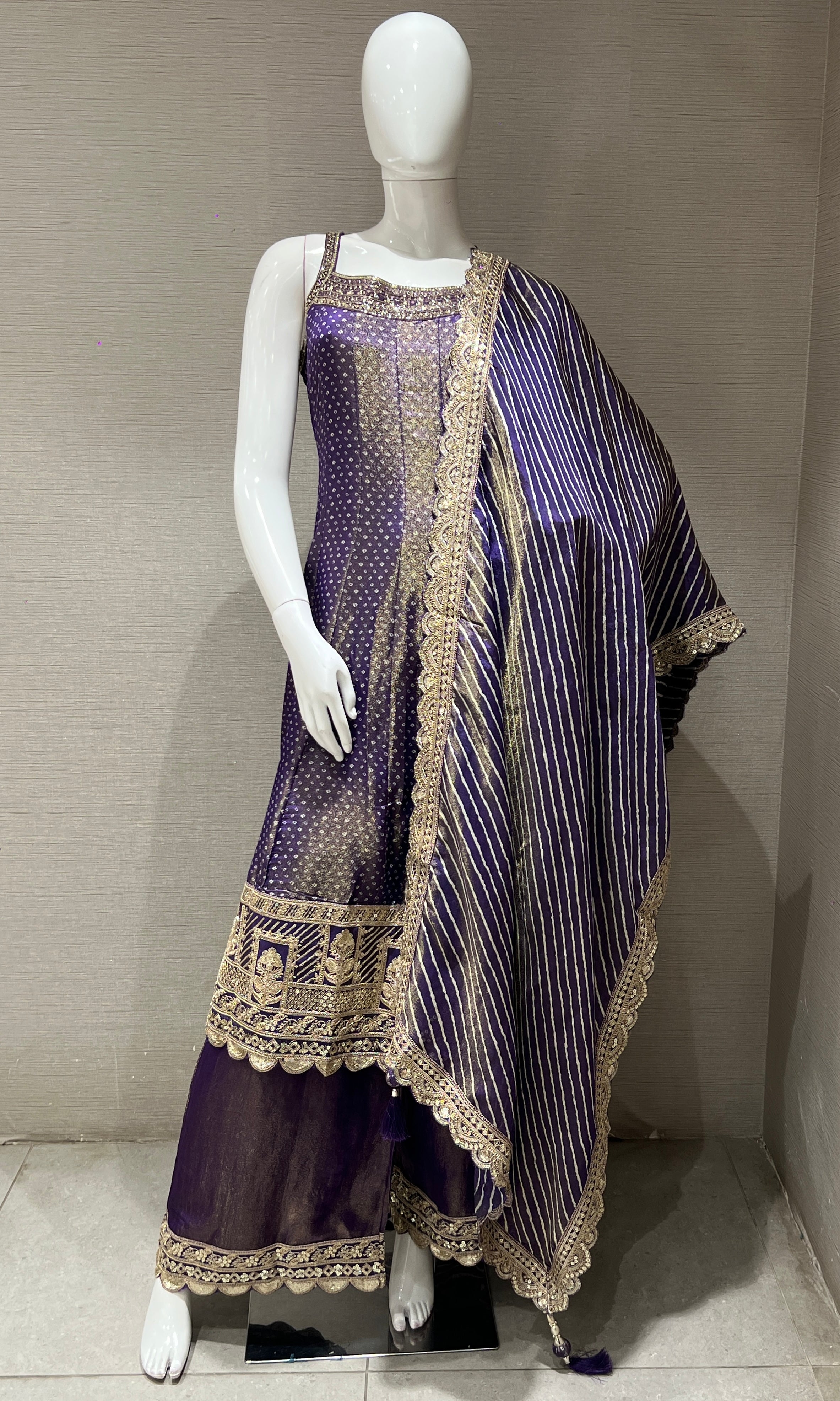 Purple Embroidered Sharara Set with Golden Stripes Dupatta