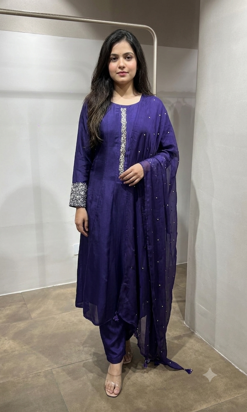 PURPLE Straight Kurta Set with Mirror Embroidery