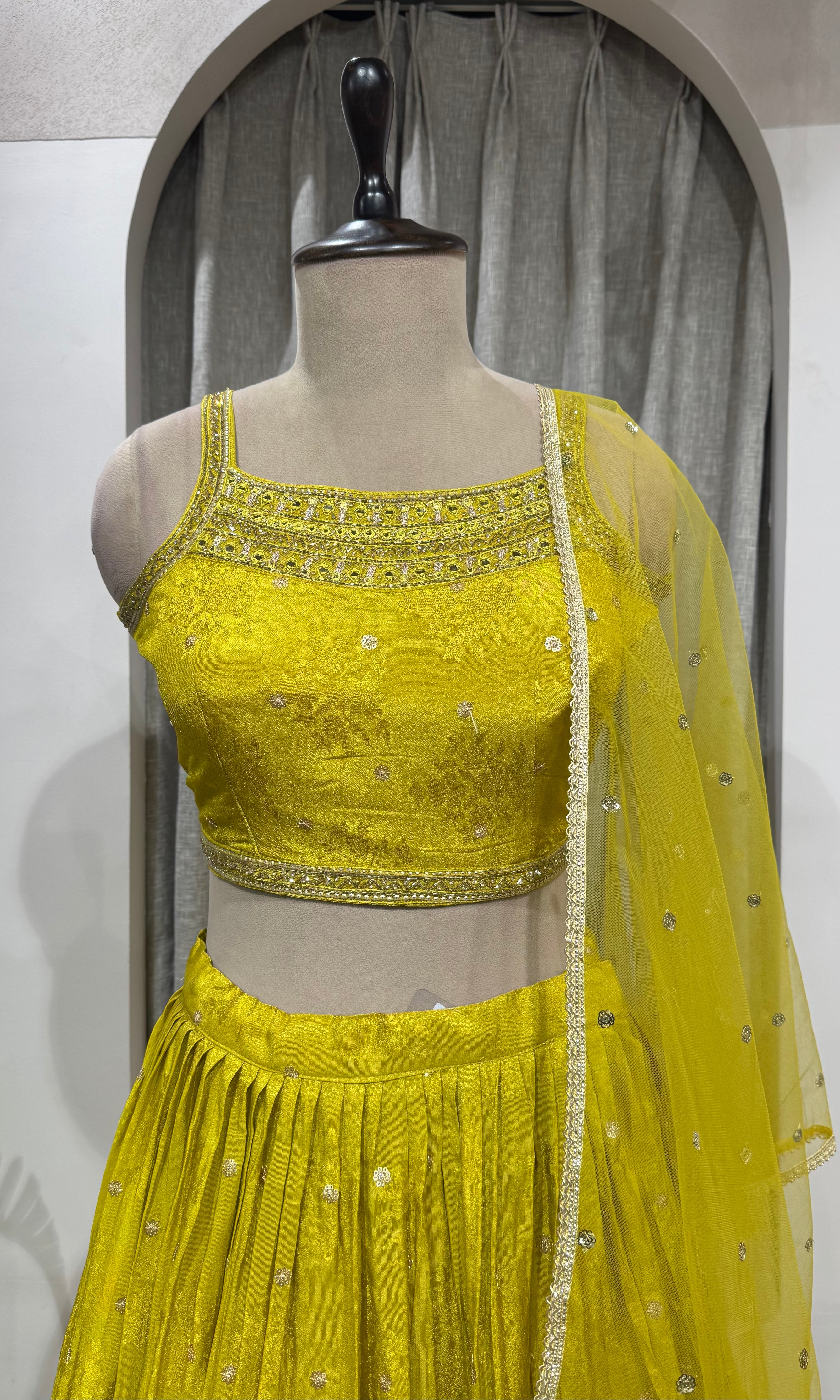 Lime green Georgette Lehenga Set with Net Dupatta