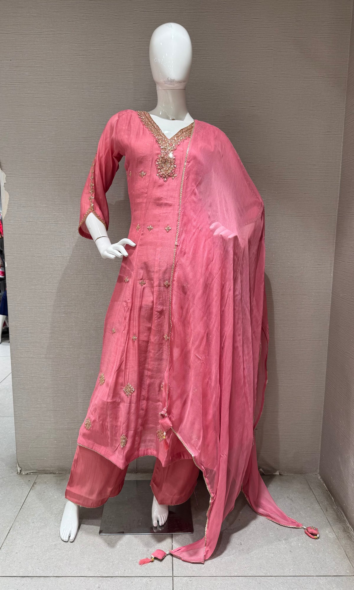 Rose Pink Silk golden Anarkali set with dupatta