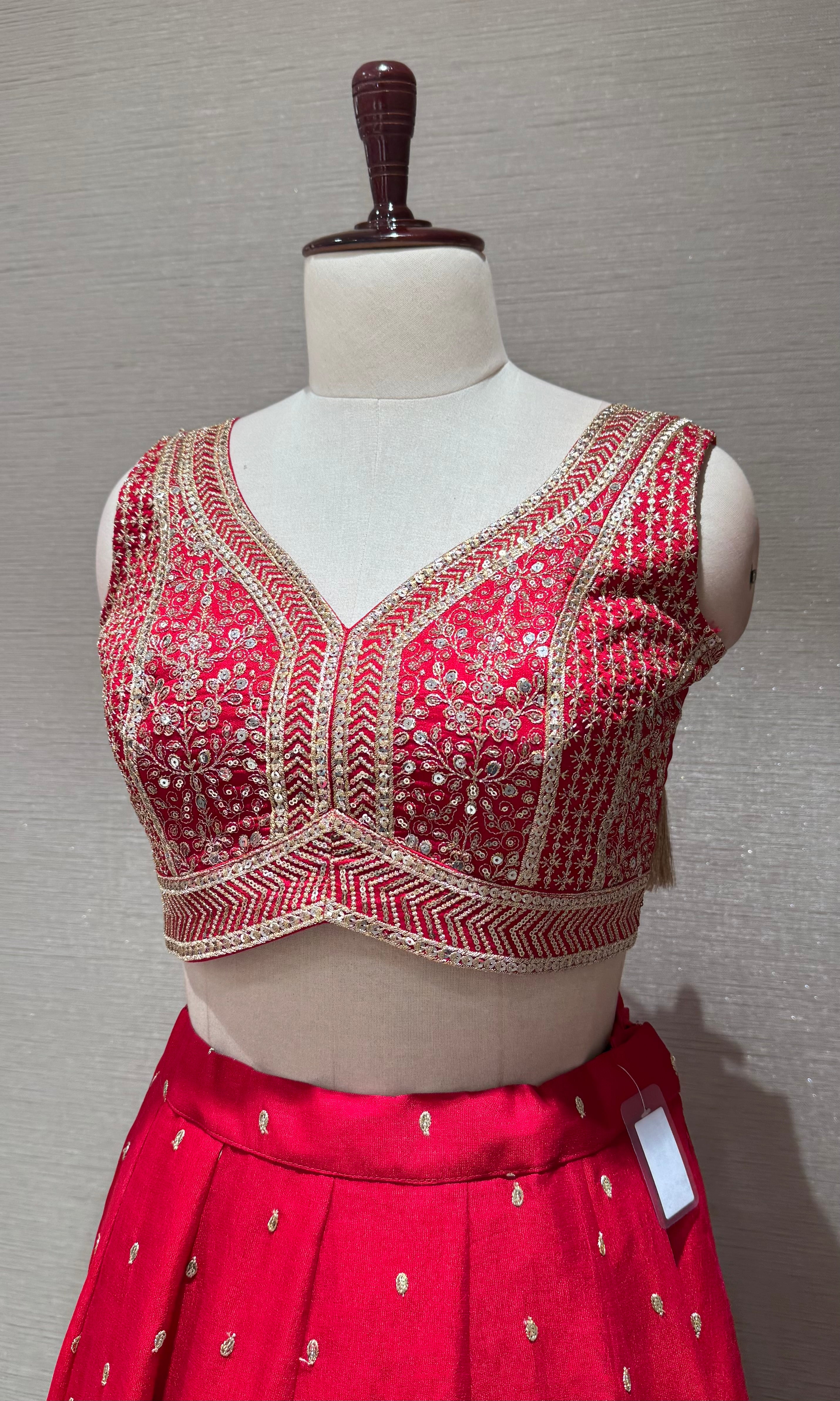 Red Silk Lehenga set with Gold Border