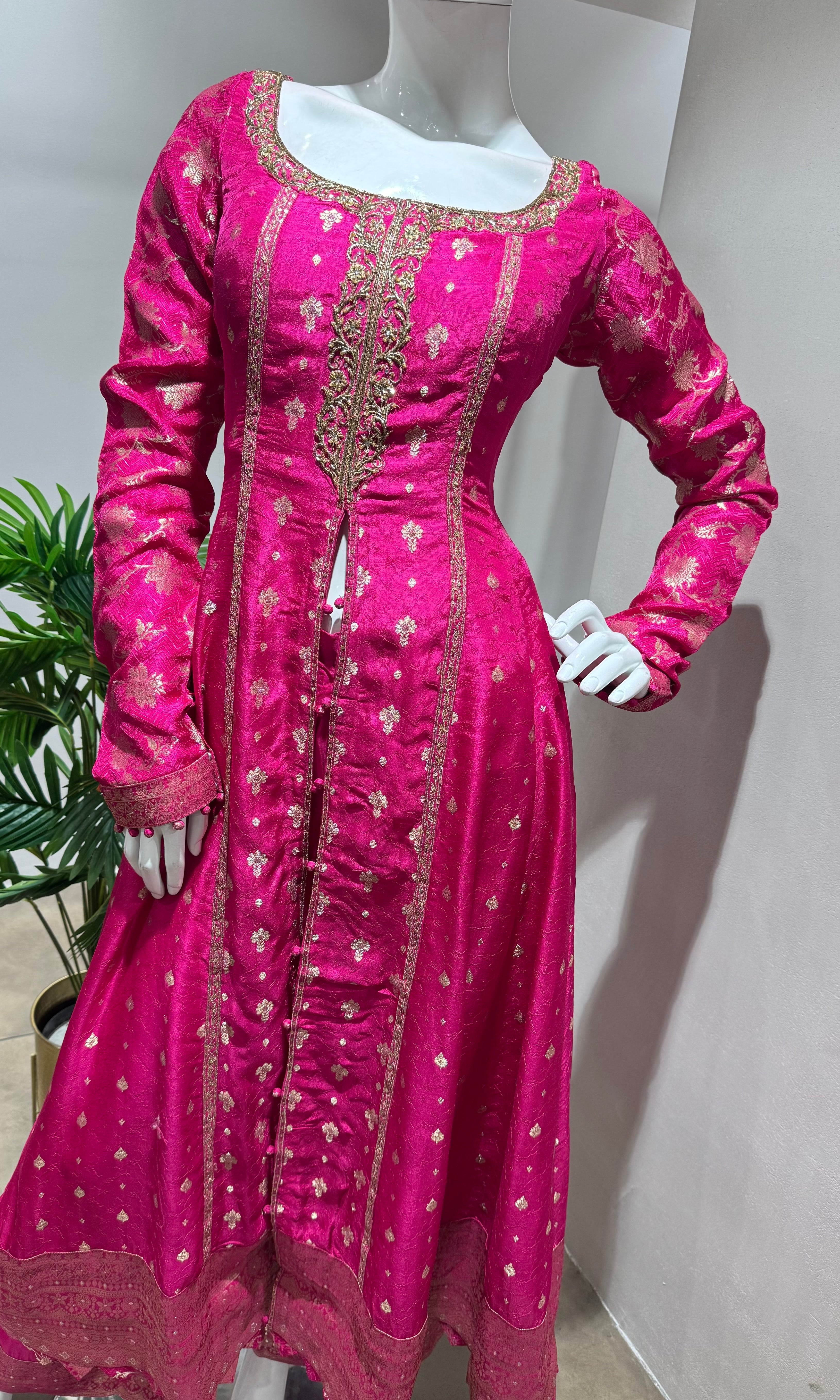 PINK GOLD EMBROIDERED FRONT SLIT ANARKALI SET