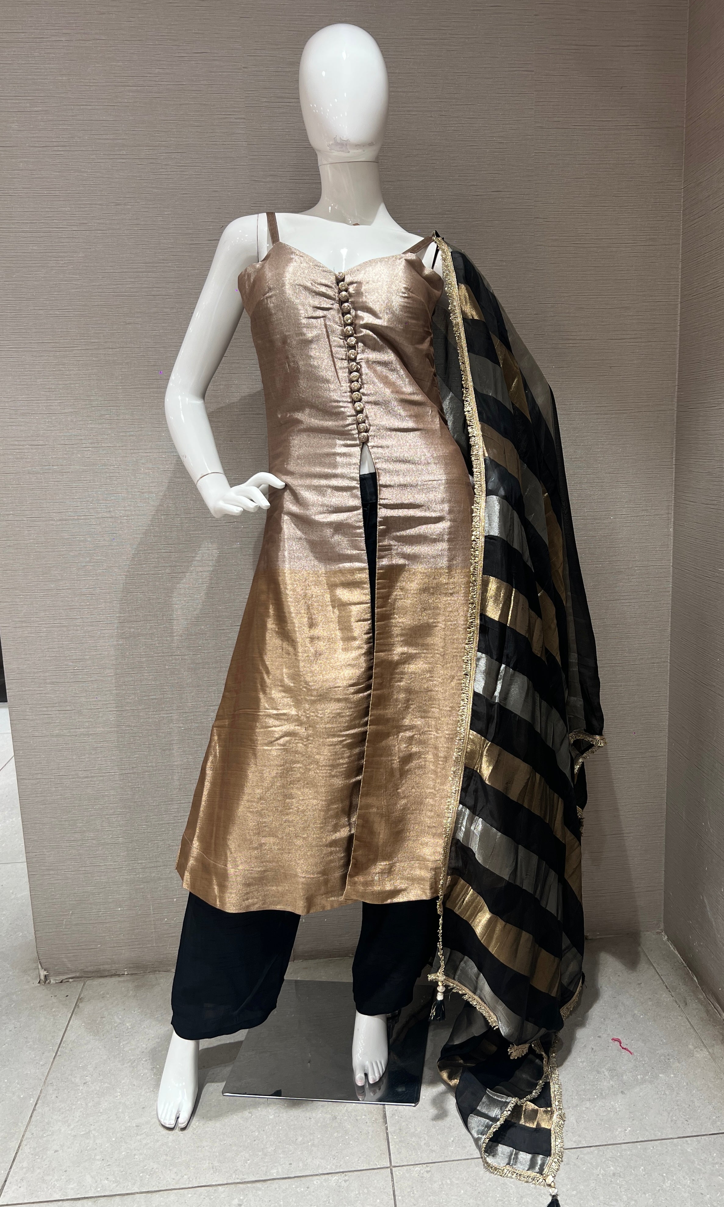 Brown Shimmer Anarkali Set with striped duppata