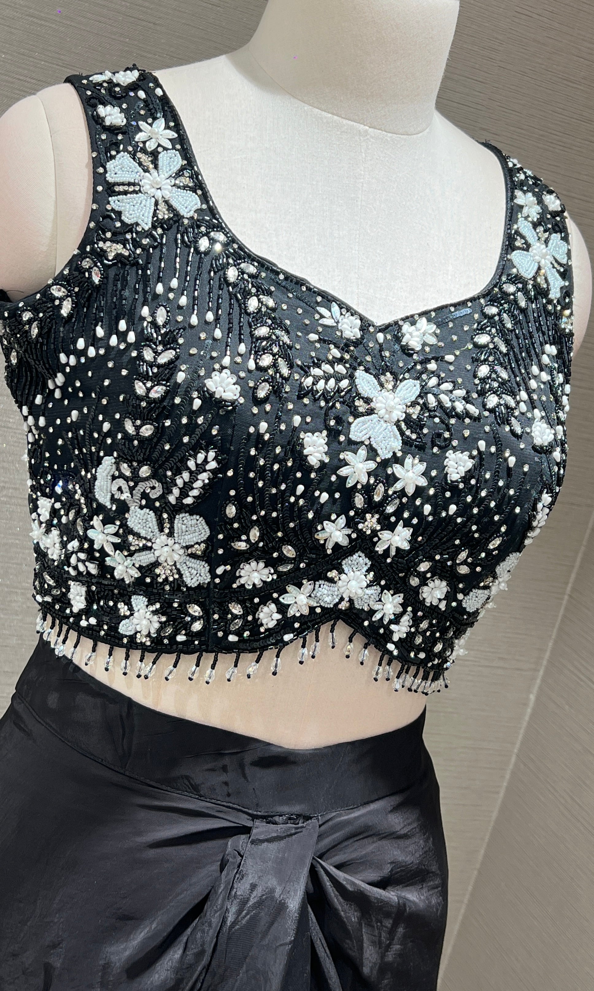 Black Crystal Sequin BLOUSE with Ruffle Drape Skirt