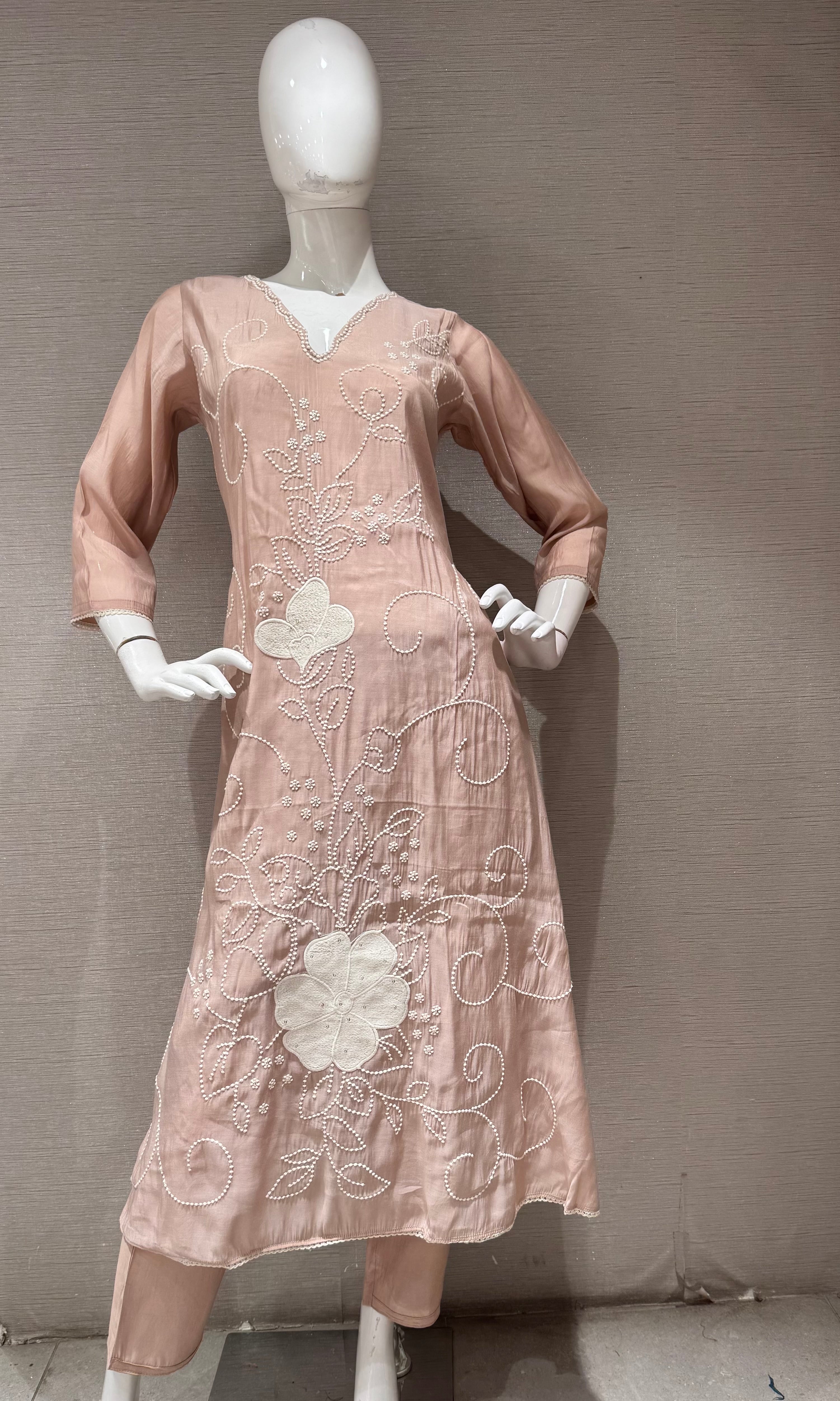Mauve Cotton silk Floral Kurta set with dupatta