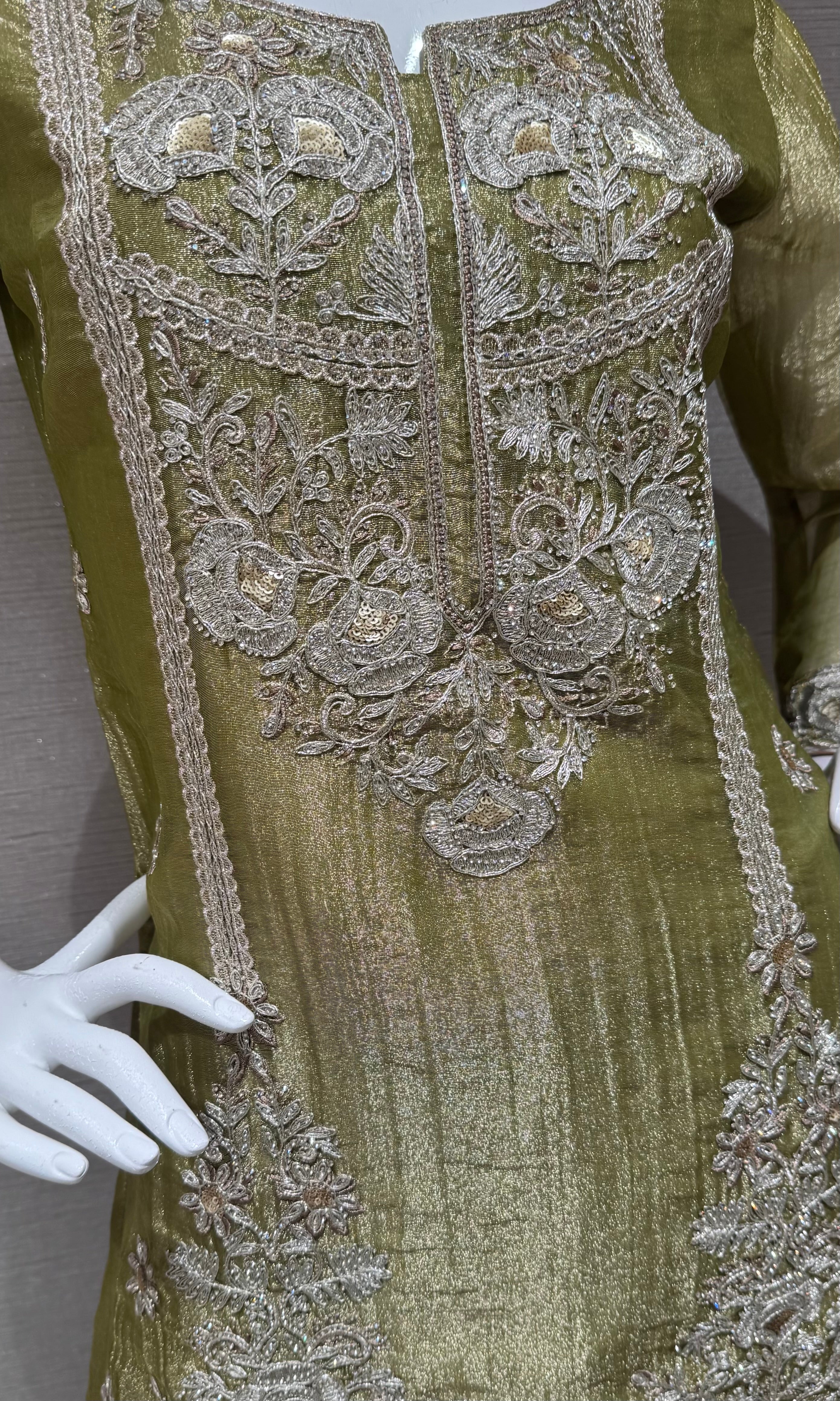 Olive Green Embroidered Sharara Set with Sheer Dupatta