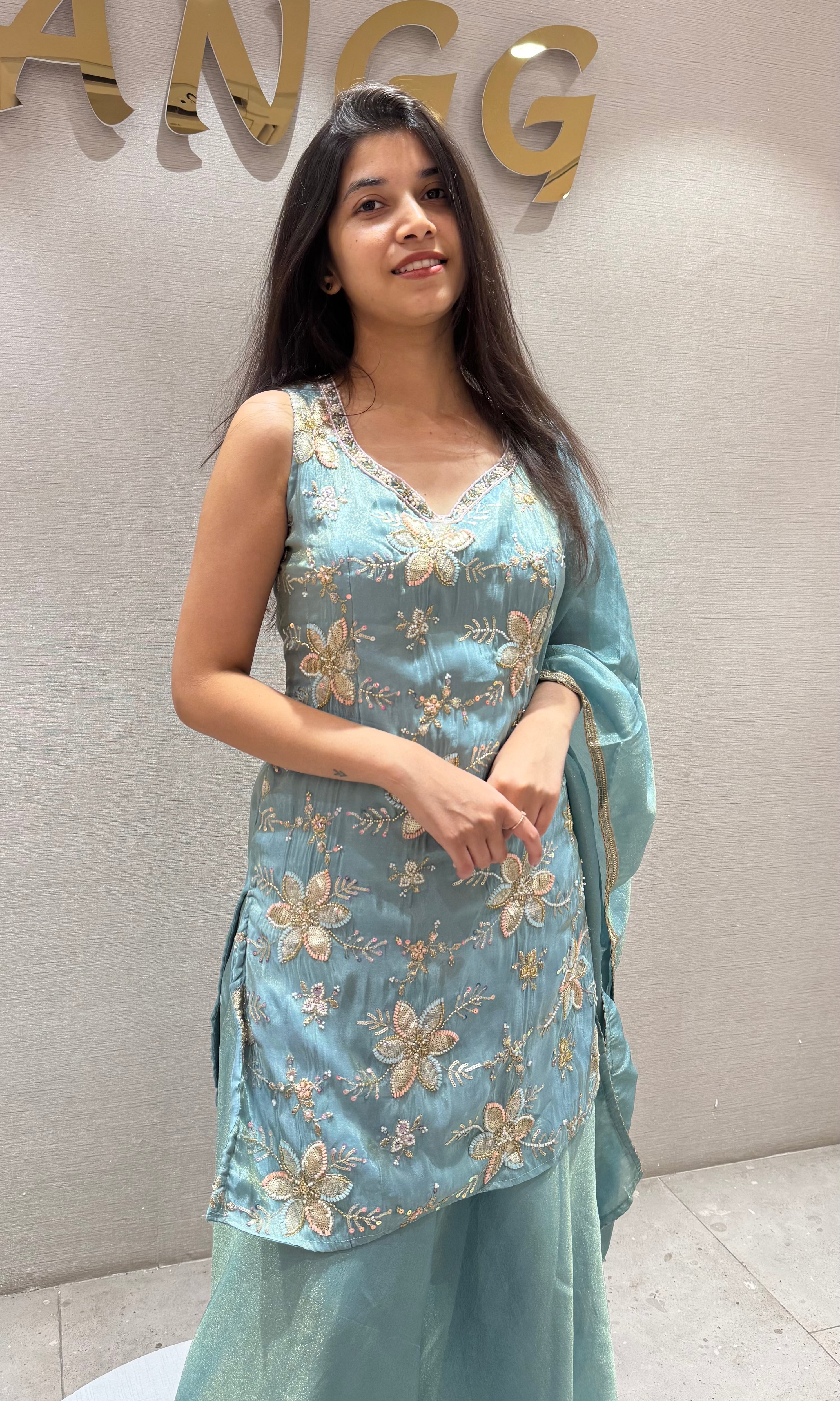 SEA Blue Tissue Floral Embroidery Sharara Set