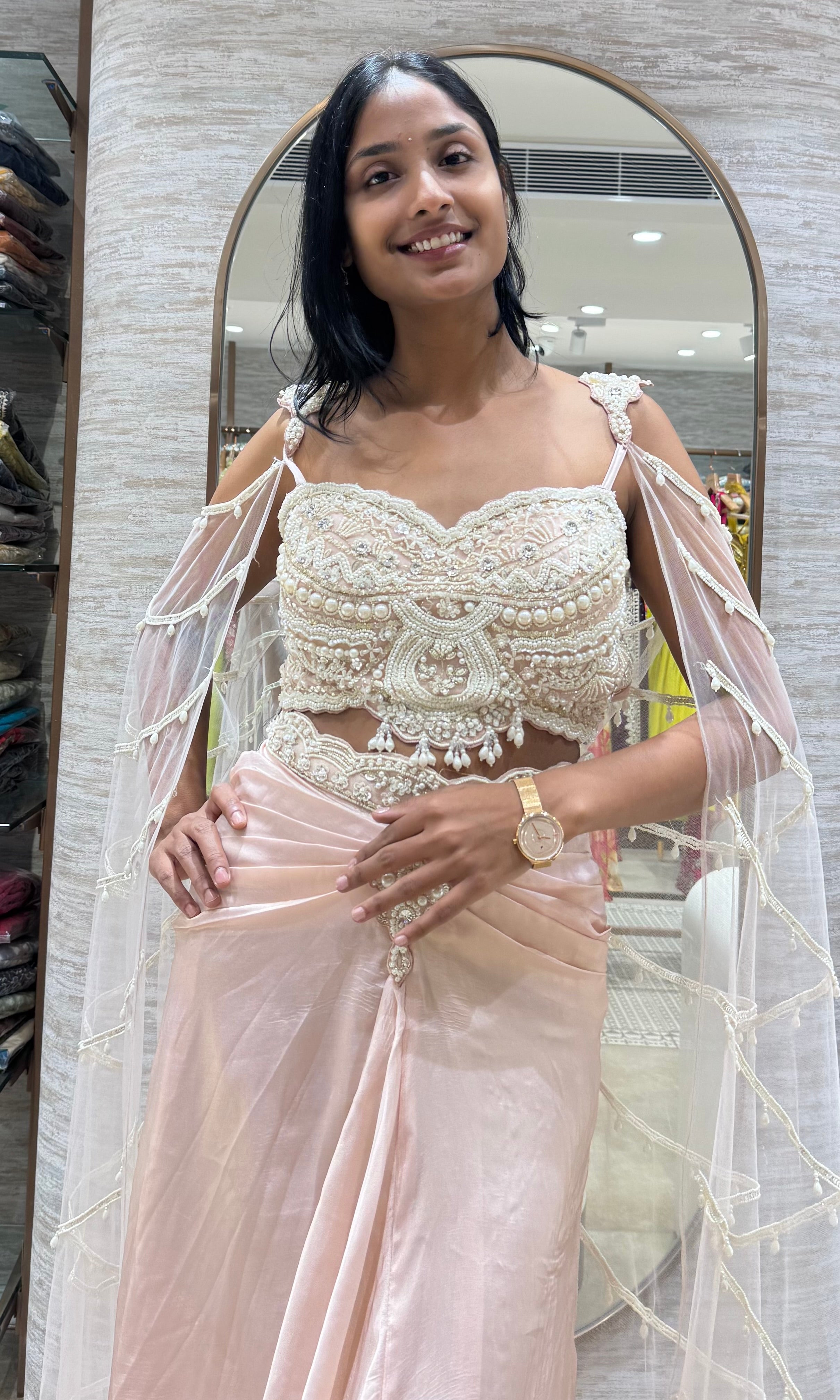 Baby Pink Butterfly Blouse with Draped Skirt