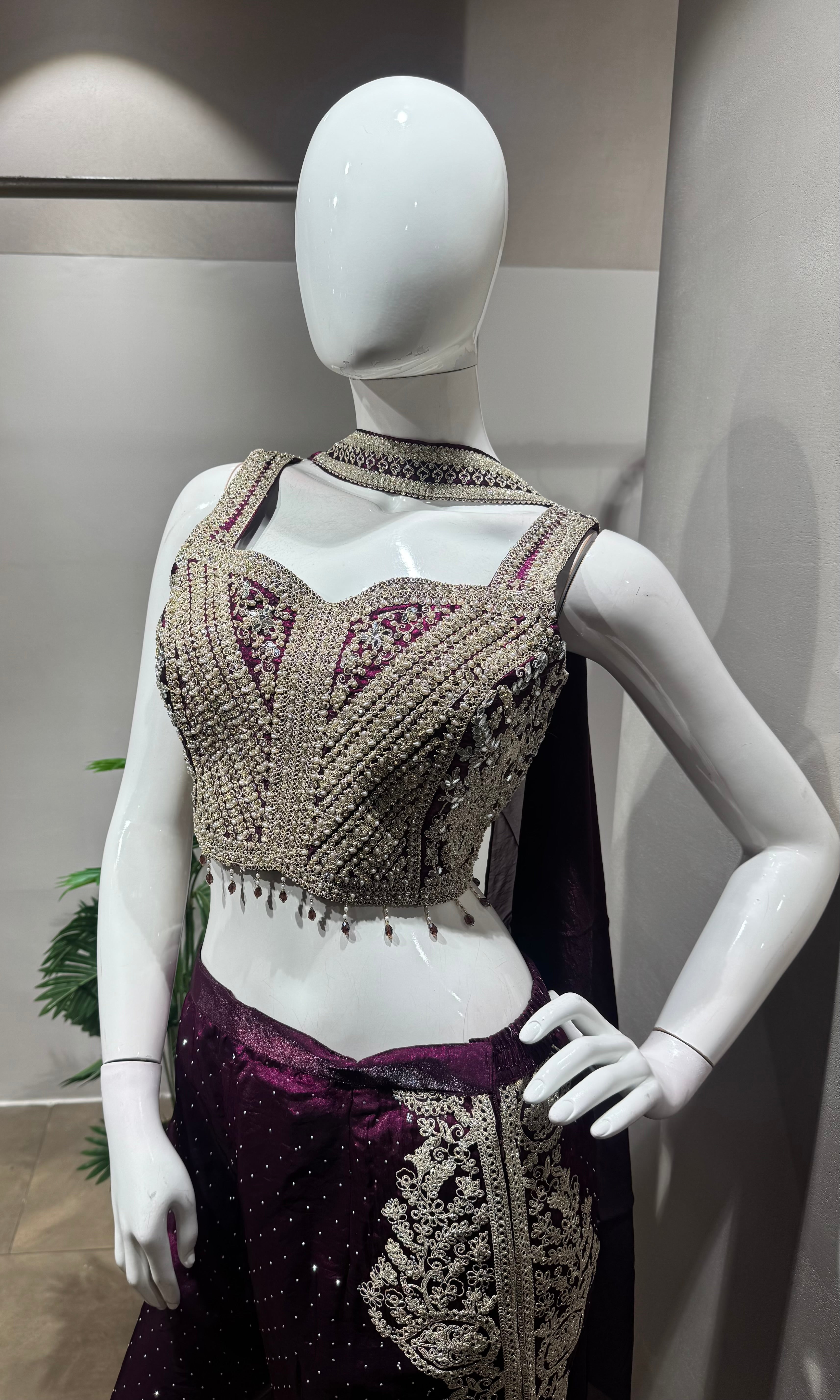 WINE embroidered crop top palazzo set