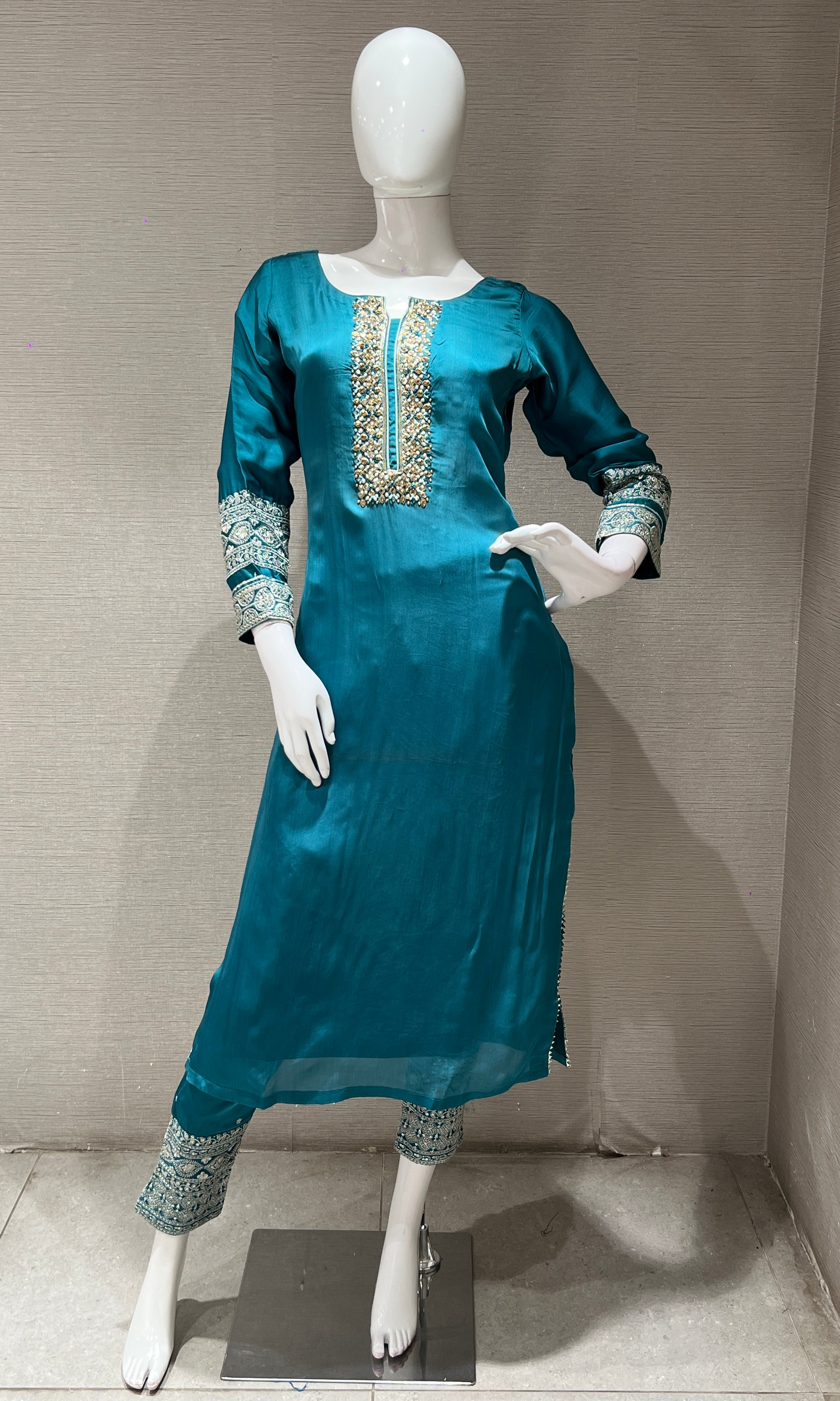 Teal Blue Embroidered Kurta set