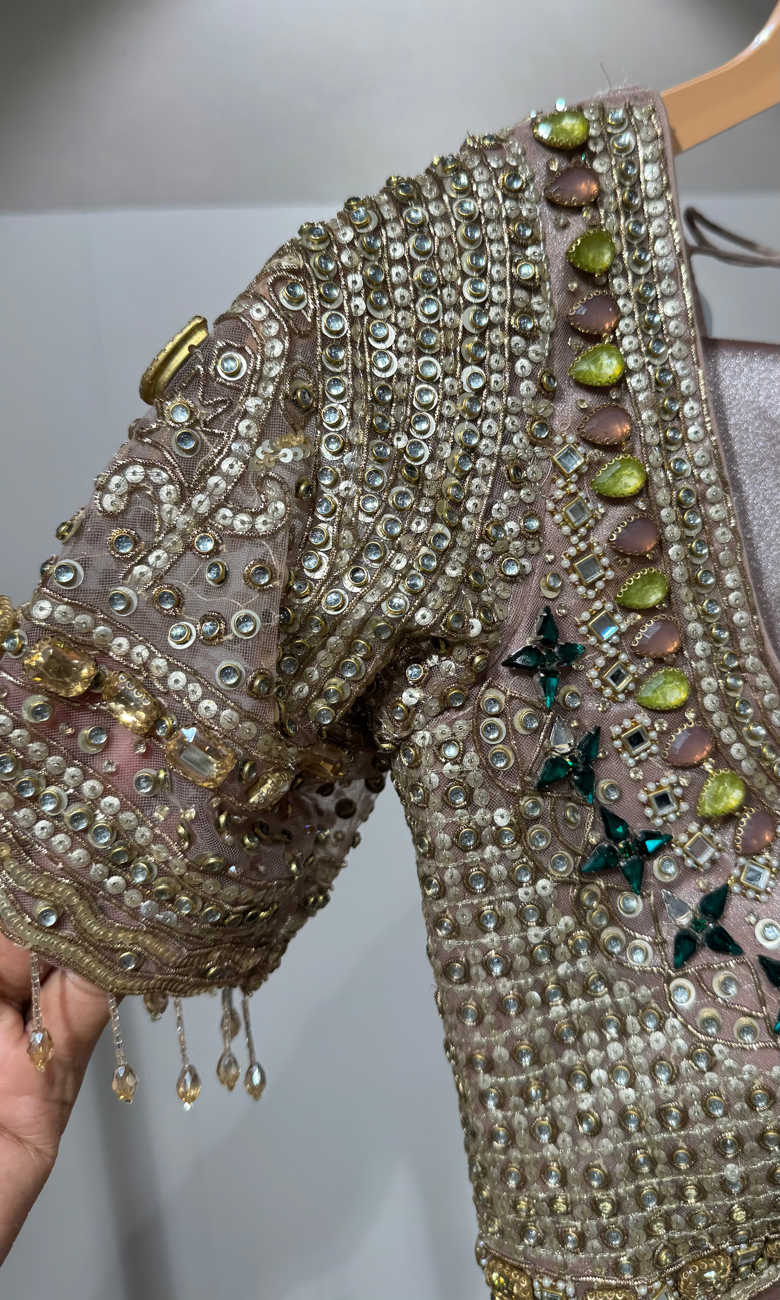 Onion pink Shimmer Saree with Multi-Stone Blouse
