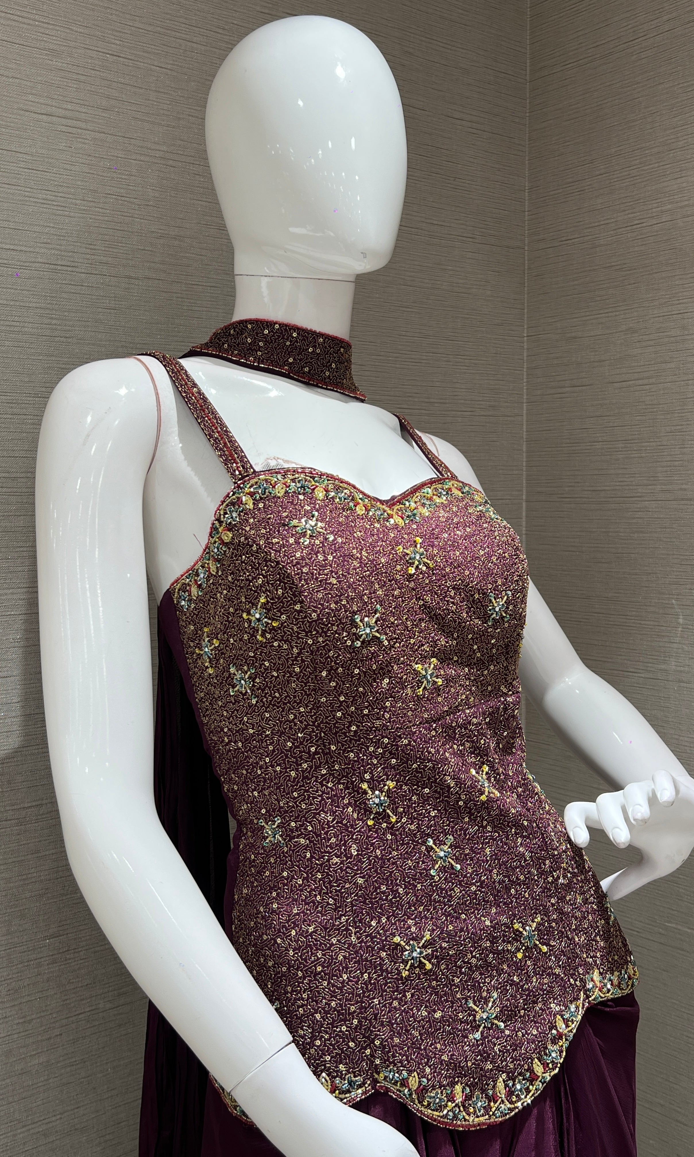 Wine Embroidered corset blouse with draped skirt