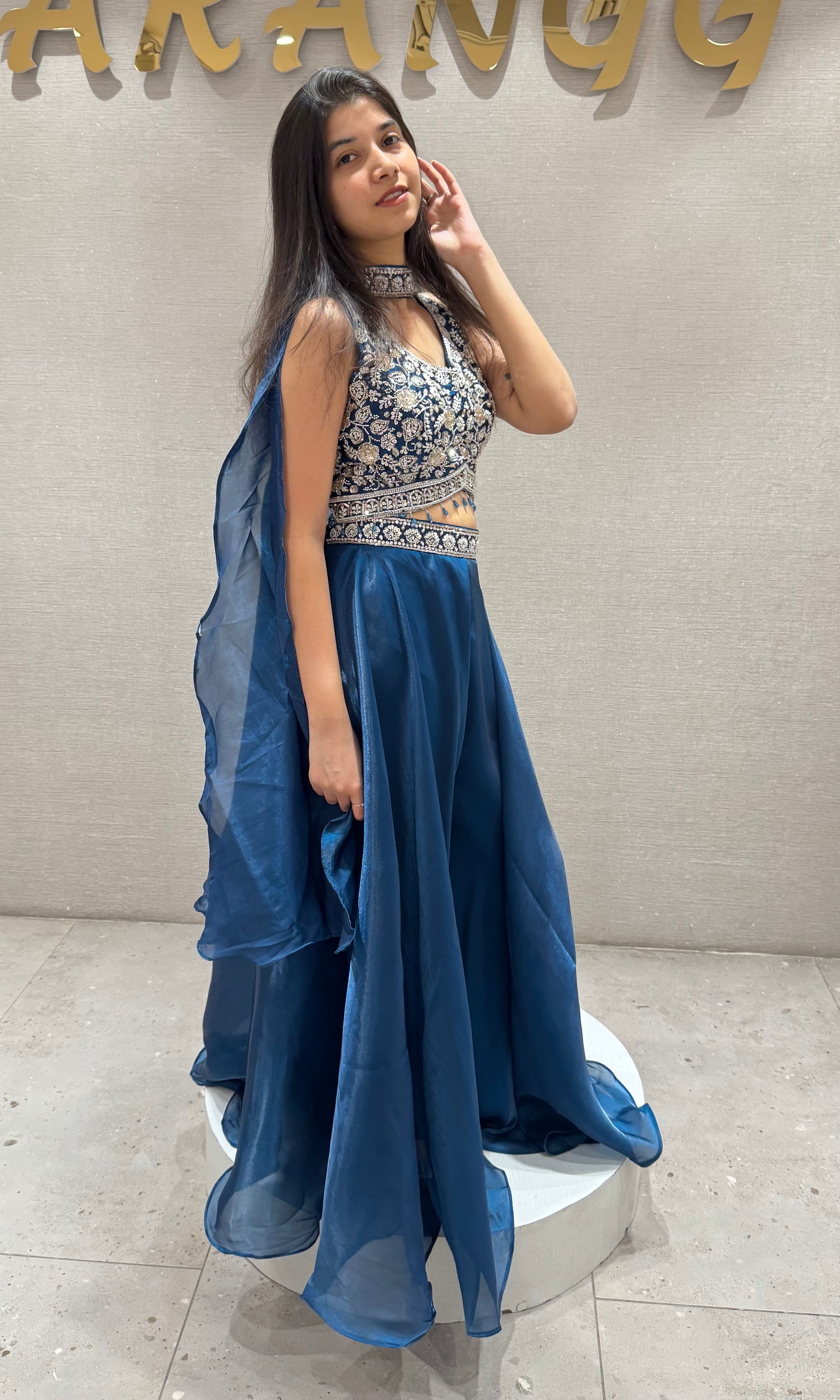 Teal Blue embroidered Crop Top Palazzo set