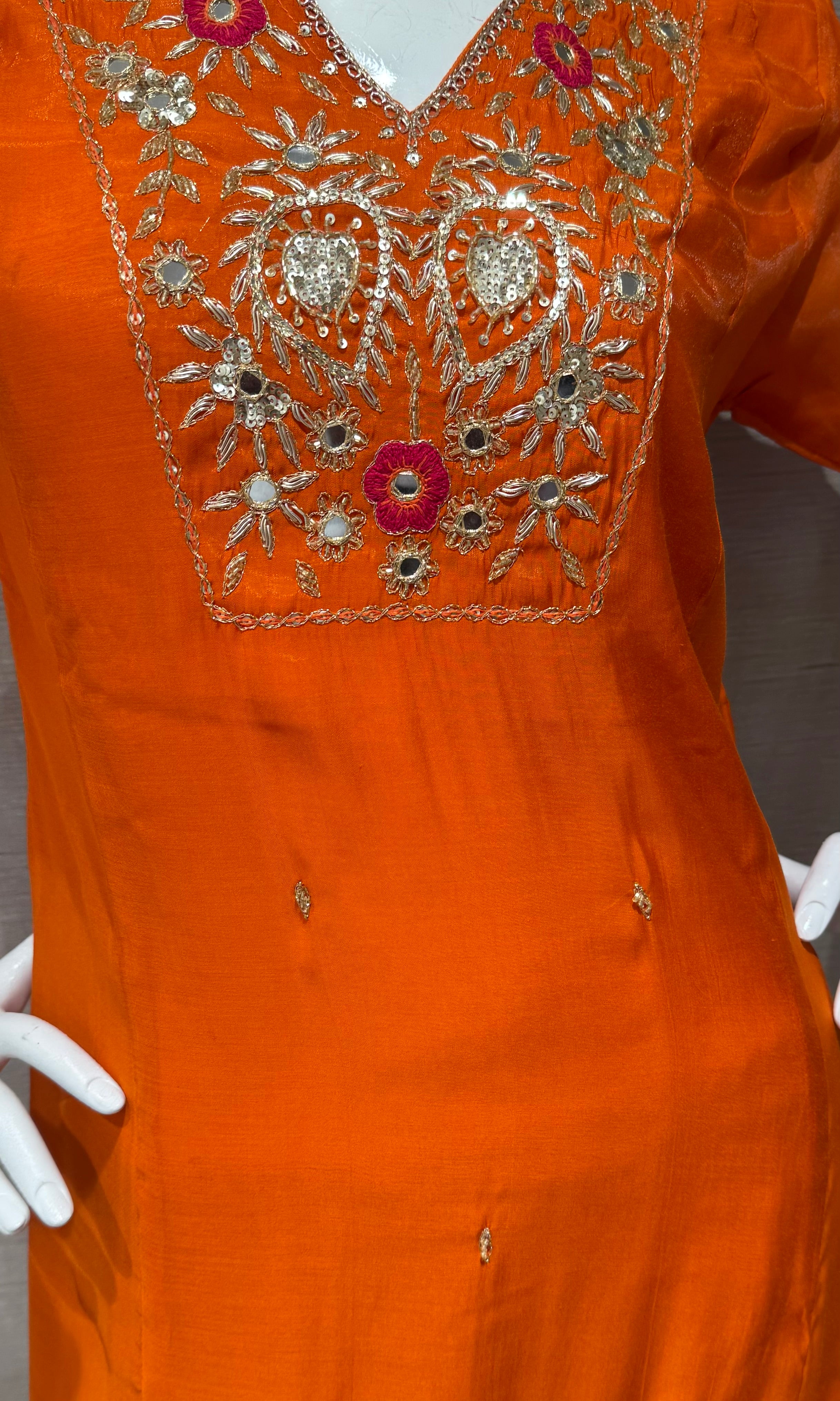Orange Silk Salwar Suit Set with Contrasting Pink Dupatta