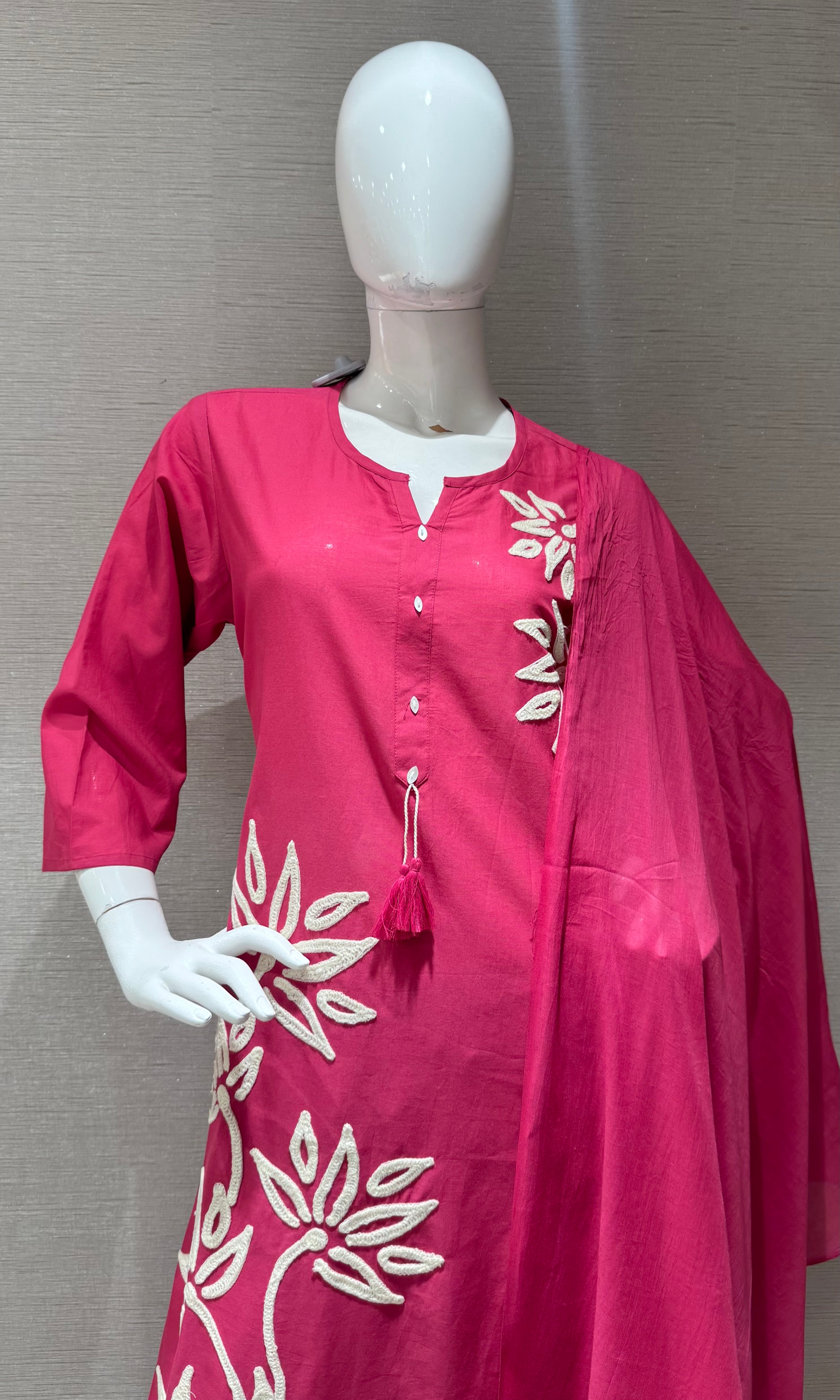 pink embroidery cotton kurta set with a dupatta