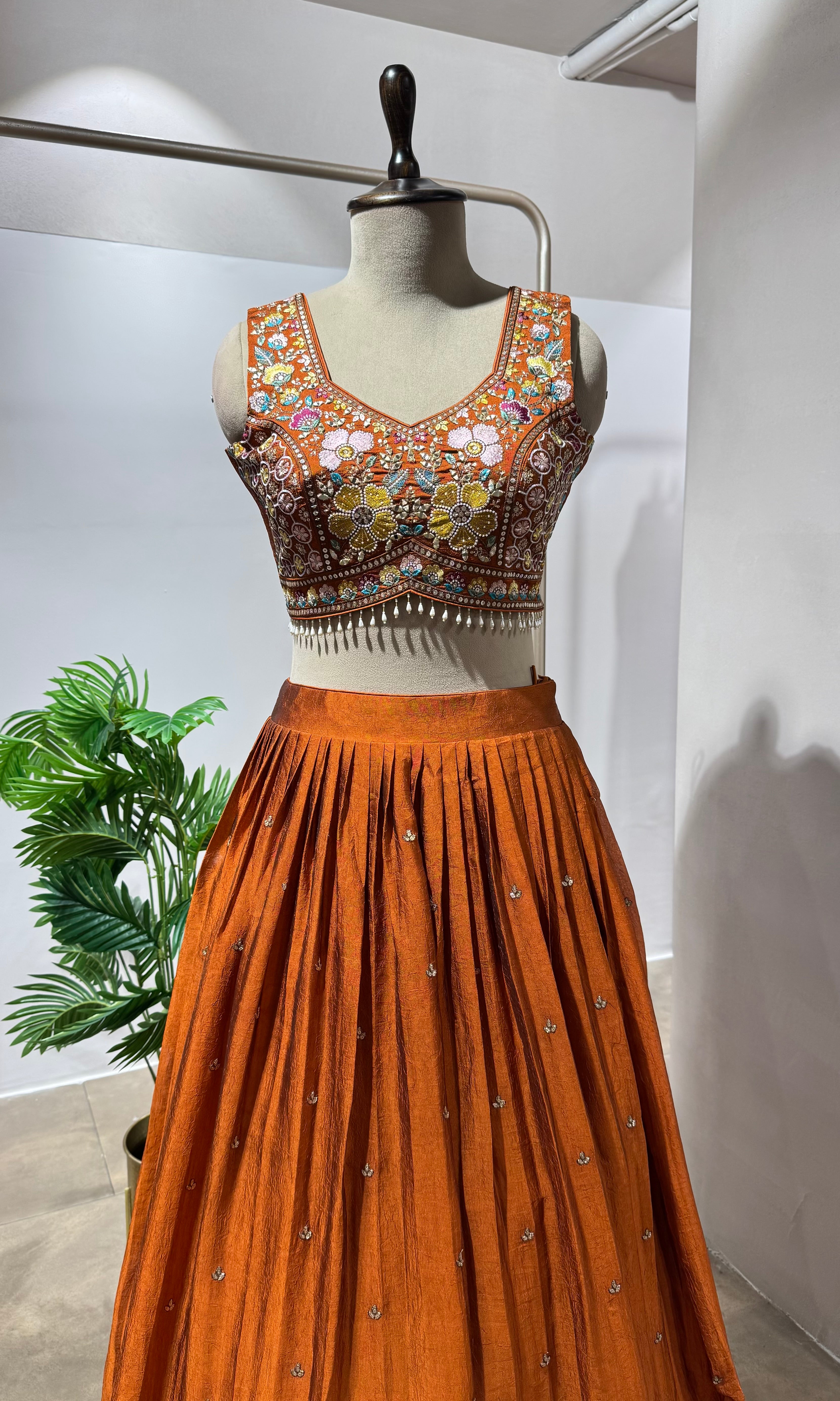 Rust FLORAL EMBROIDERED LEHENGA SET