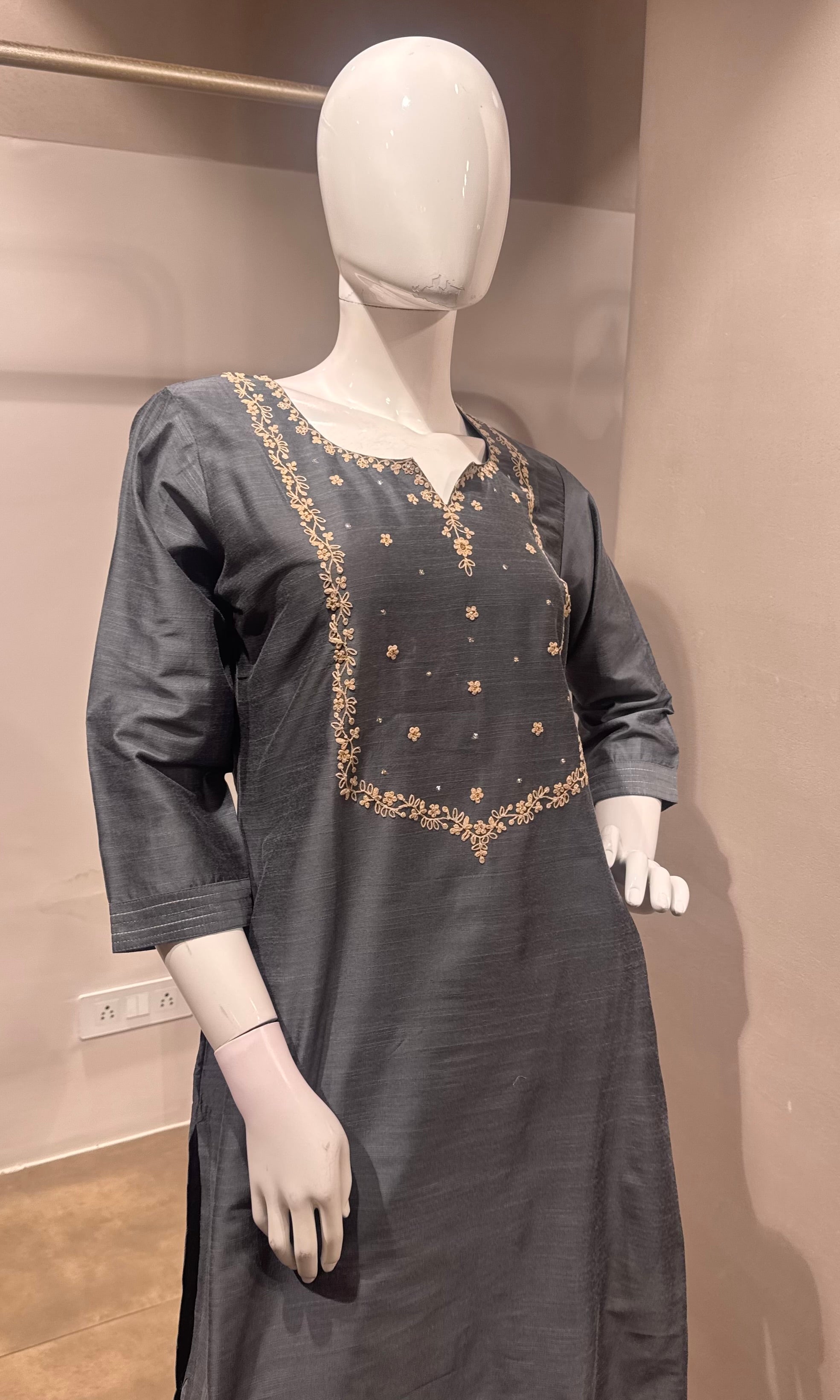 Slate Grey Silk Chanderi Kurta Set with Zari Embroidered