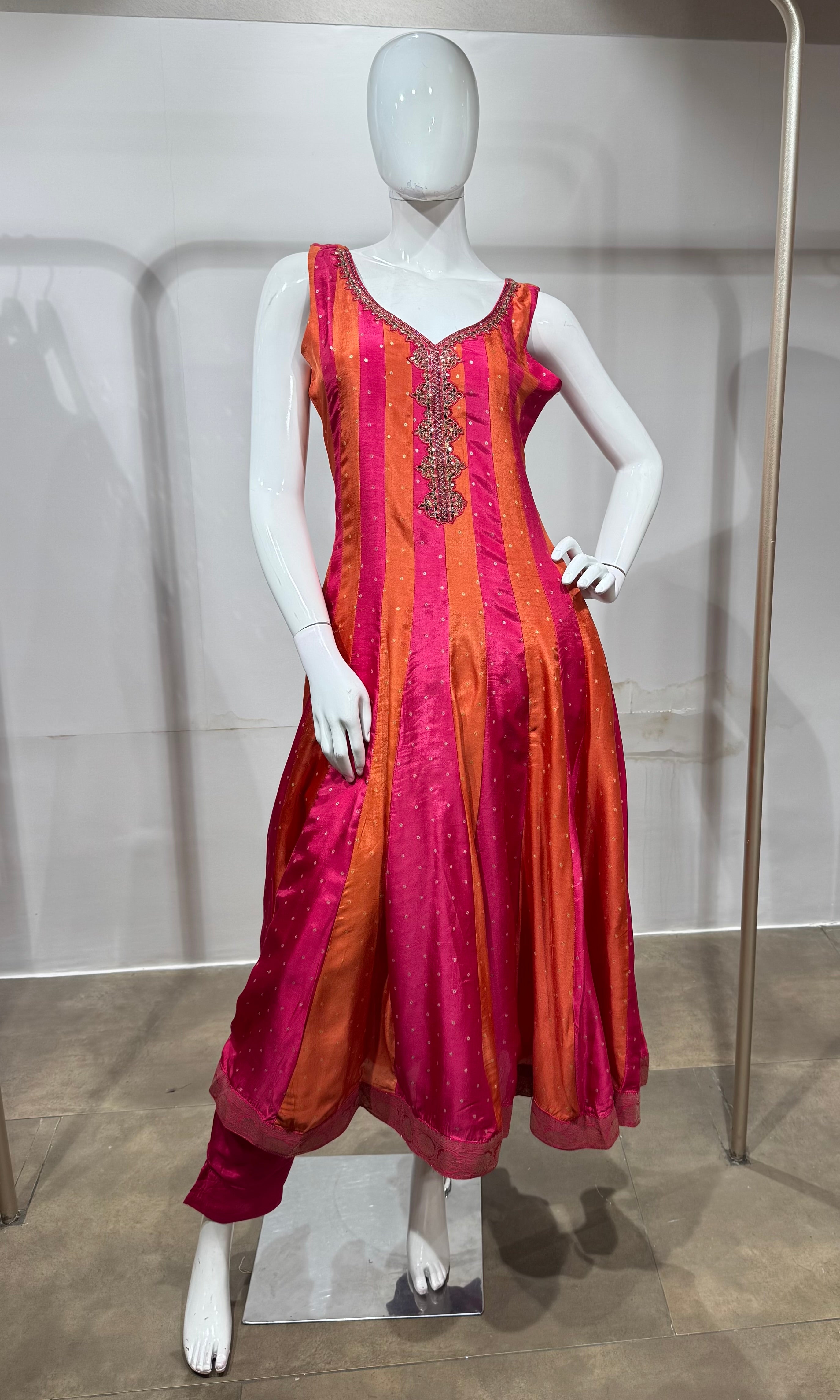 Rani Pink & Sunset Orange Striped Anarkali Set