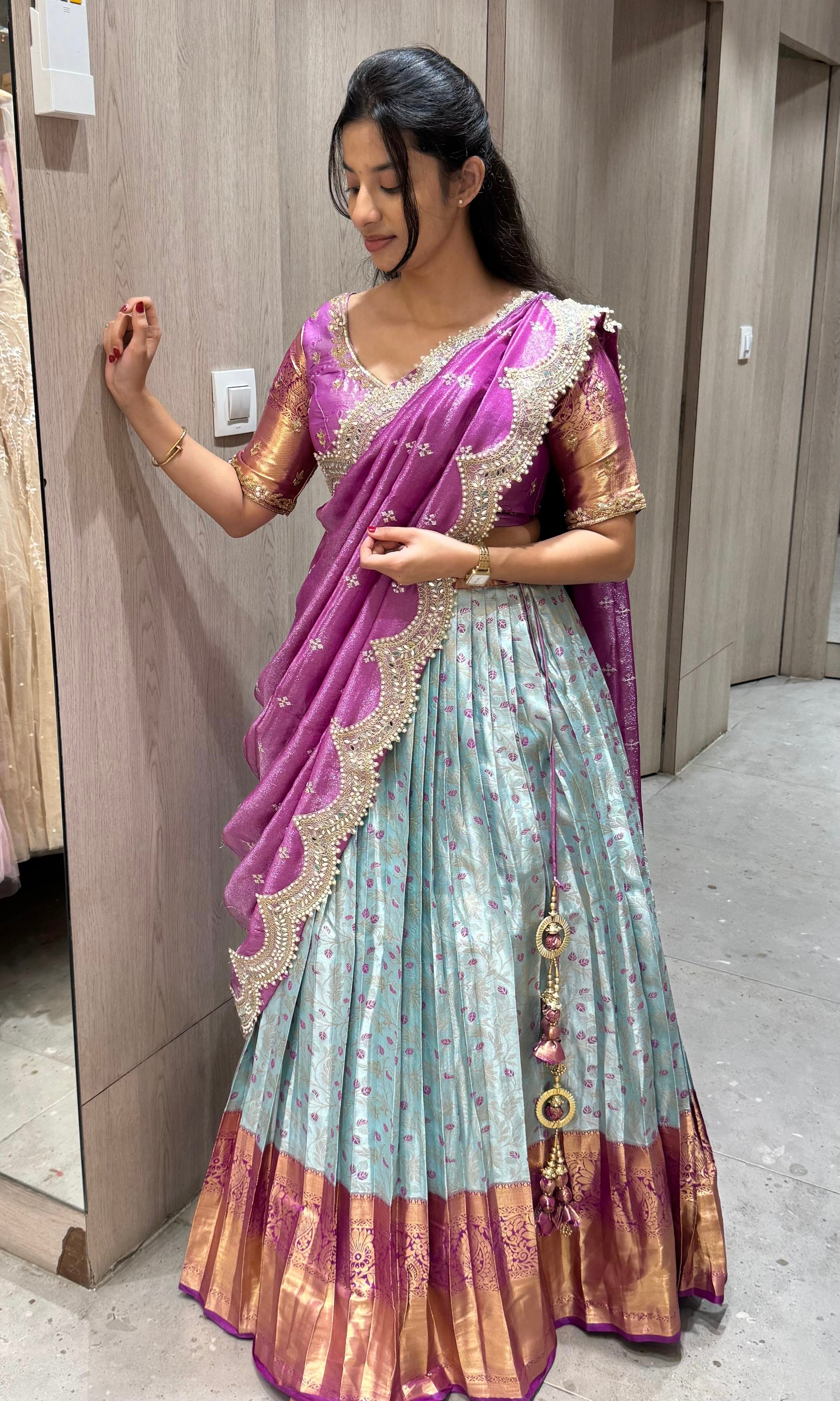 Ice blue And purple pink pattu half saree