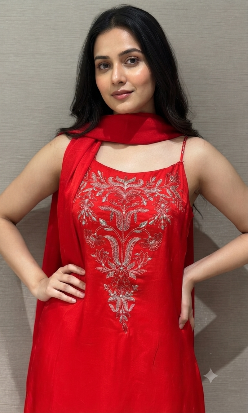 Ruby Red Floret Embroidered Kurta set