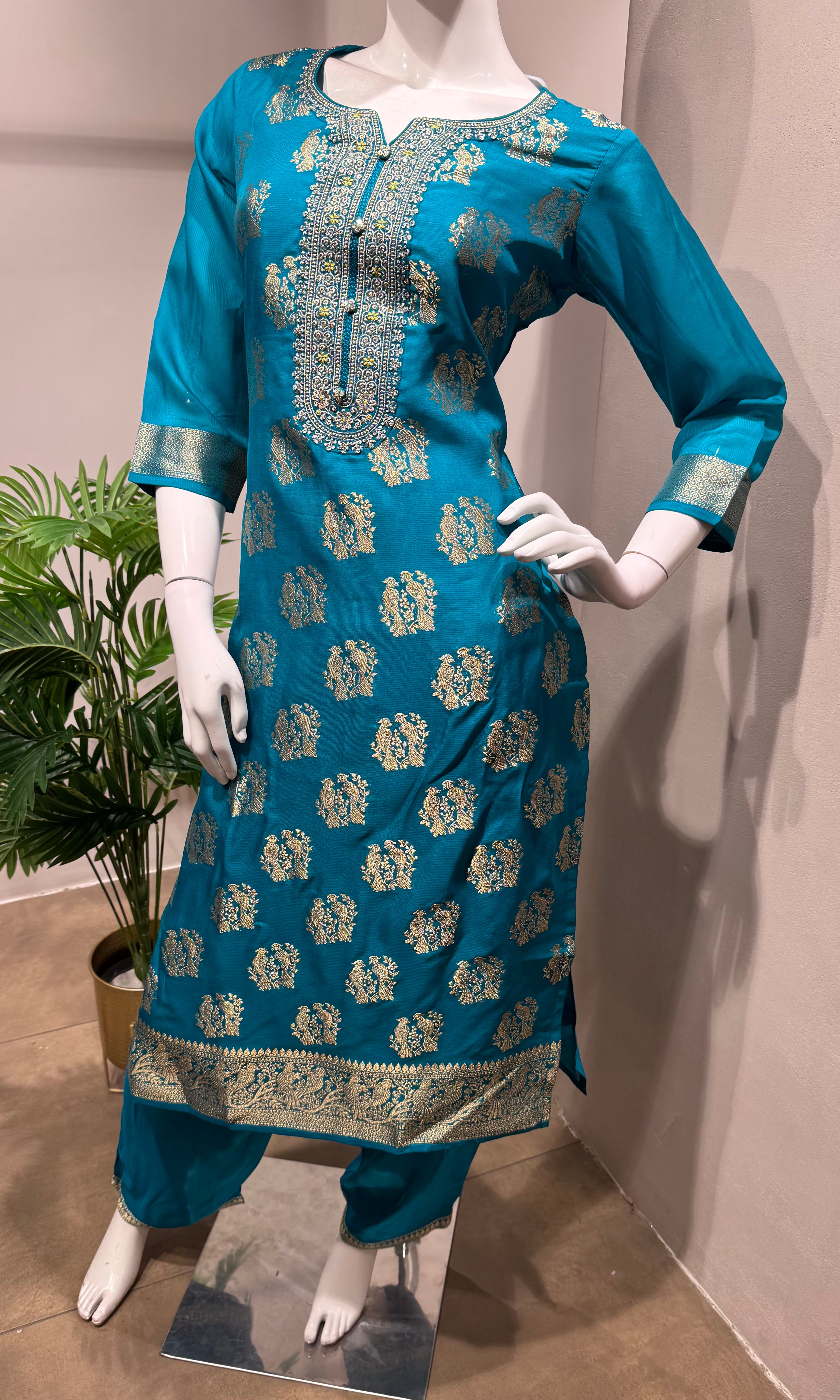 Rama Blue Silk embroidered kurta set