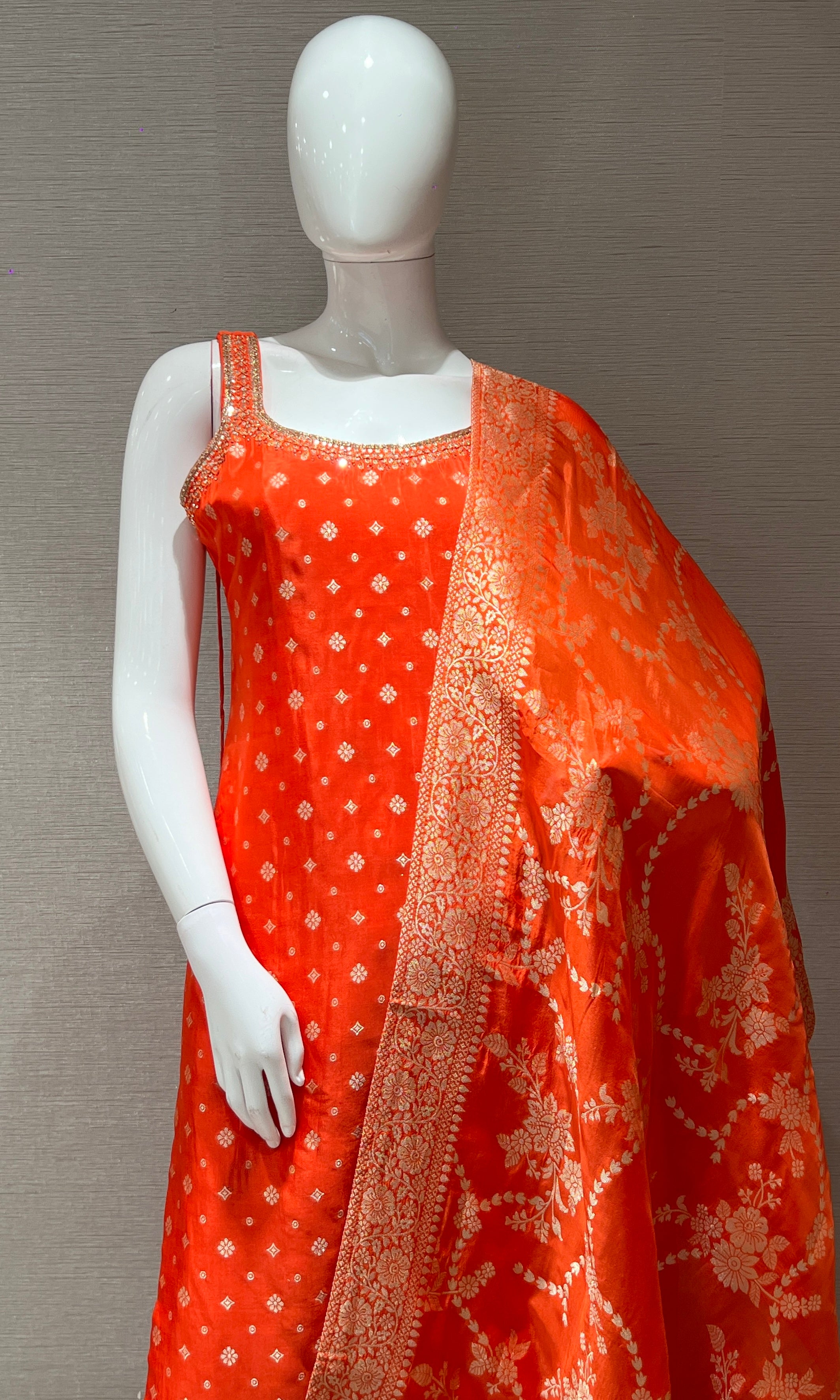 orange embroidered kurta set with dupatta