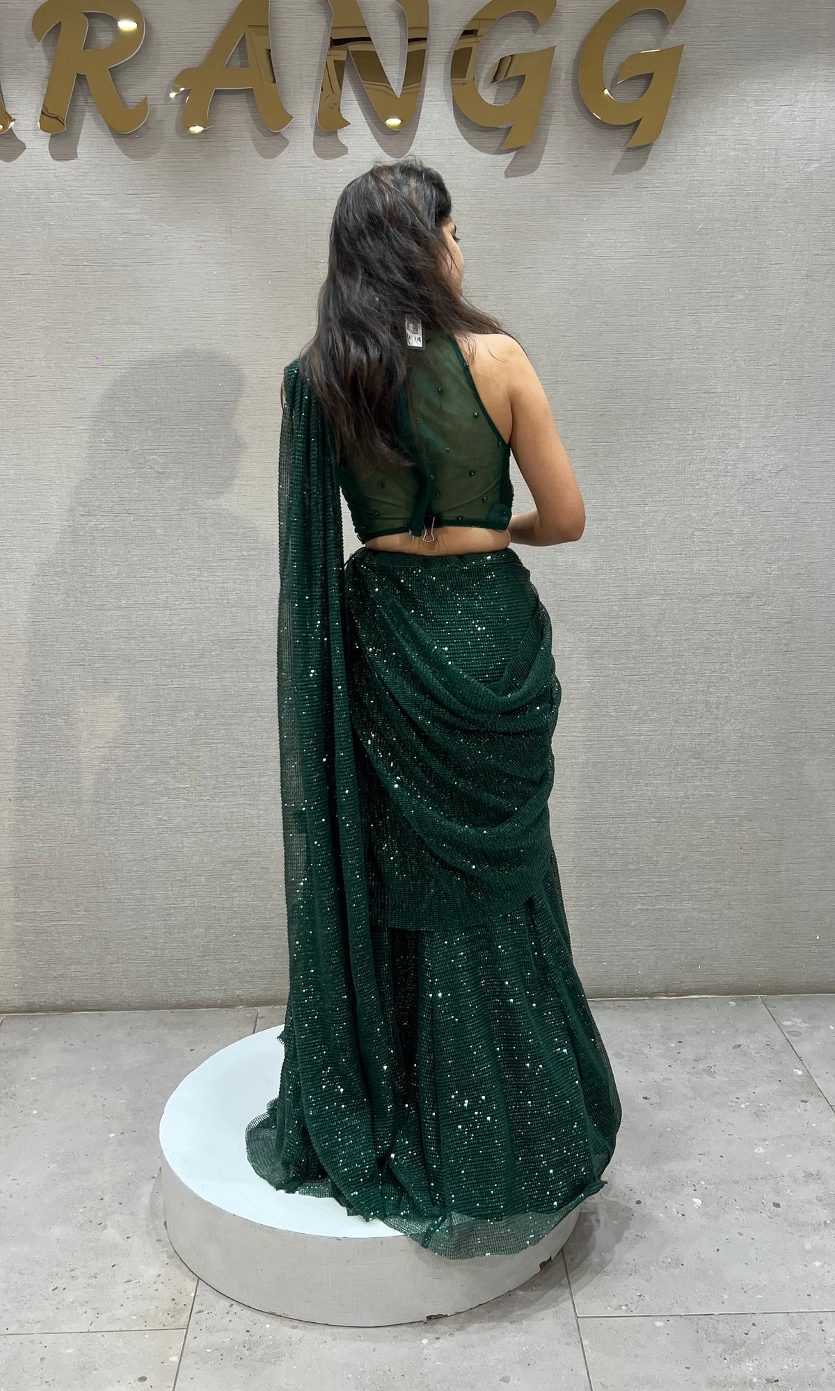 Green Glamour Pre-Draped Saree with halter blouse