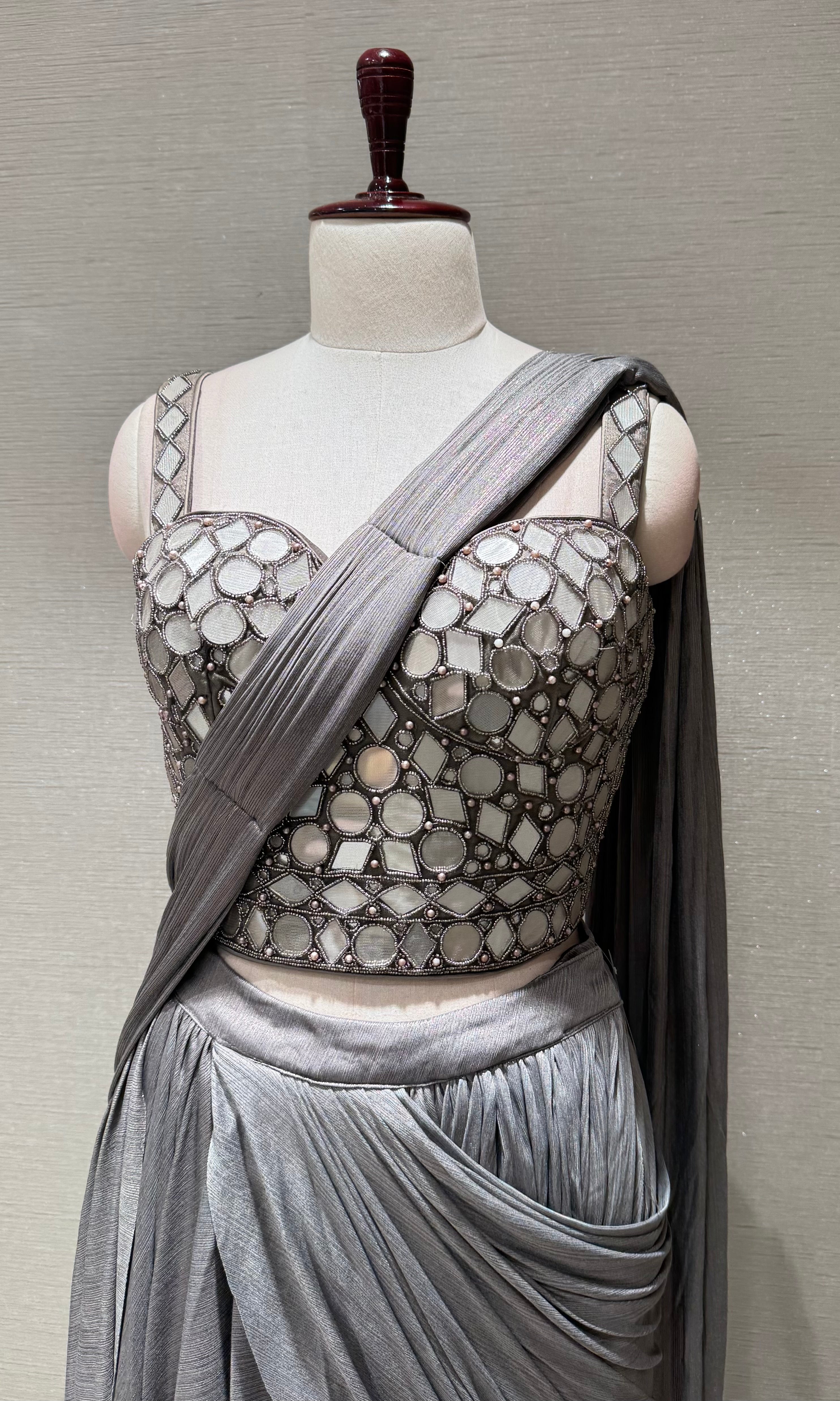 Metallic Grey Embellished Saree with corset blouse