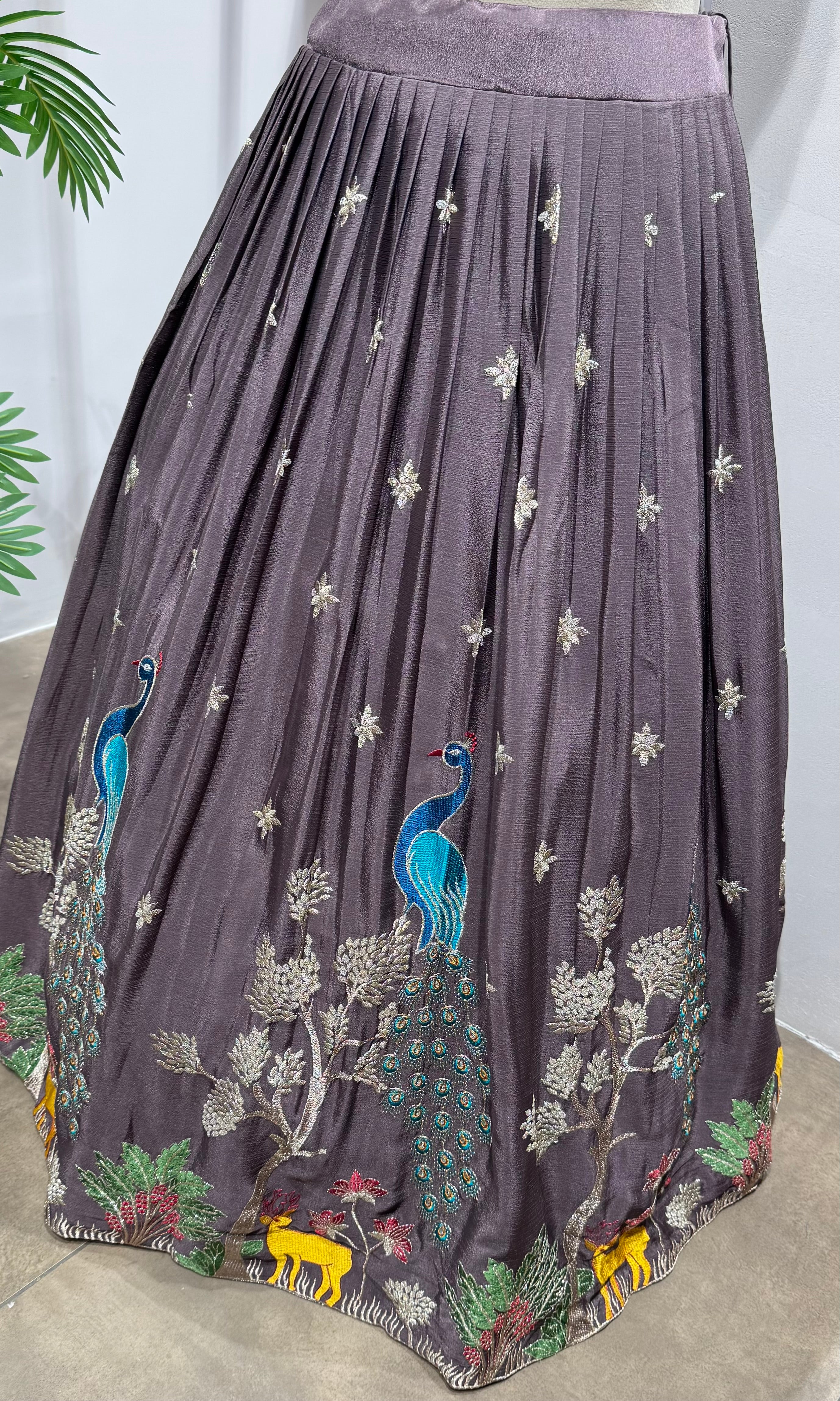 Brown Georgette Lehenga with Multi-Color Embroidery