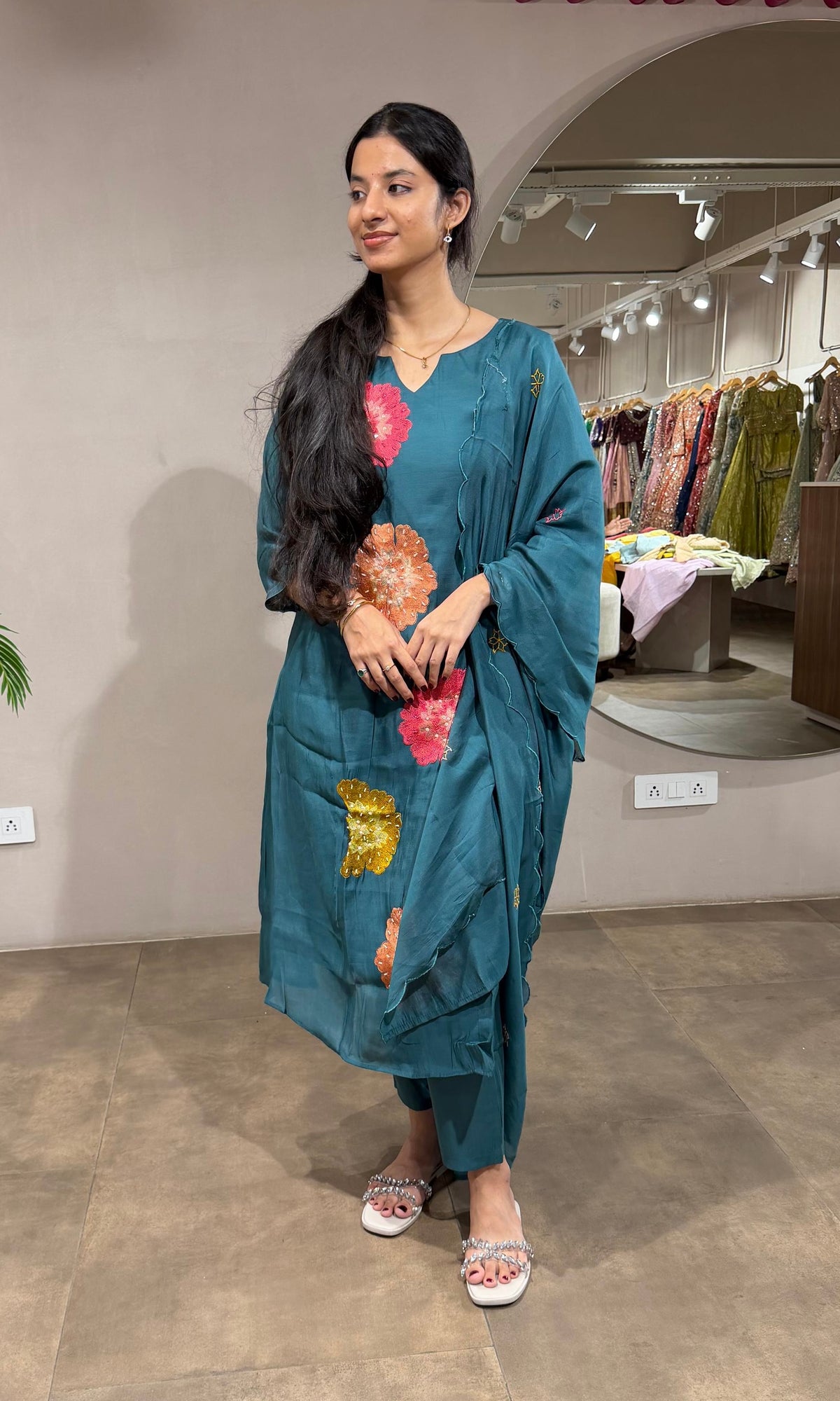 Sea Green cotton Floral Motif Kurta set with dupatta