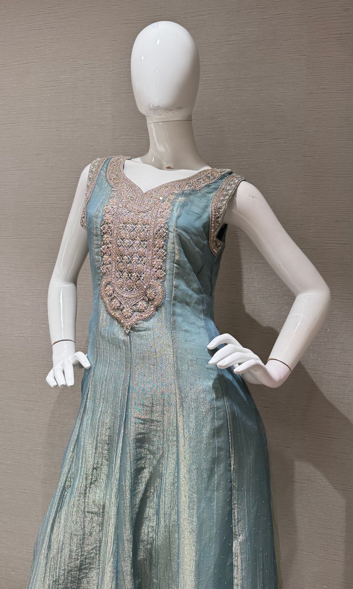 Sage Green Tissue silk Embroidered Kurta Set with Dupatta